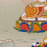 Akashgarbha Thangka painting with lotus throne, sacred attribute, floral symbolism, and Tibetan Buddhist wisdom imagery.