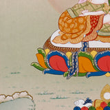 Akashgarbha Thangka painting with lotus throne, sacred attribute, floral symbolism, and Tibetan Buddhist wisdom imagery.