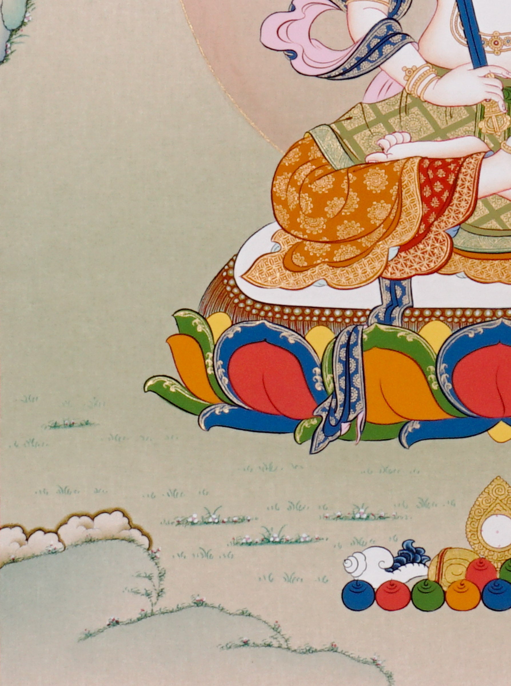 Akashgarbha Thangka painting with lotus throne, sacred attribute, floral symbolism, and Tibetan Buddhist wisdom imagery.