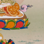 Akashgarbha Thangka painting with lotus throne, sacred attribute, floral symbolism, and Tibetan Buddhist wisdom imagery.