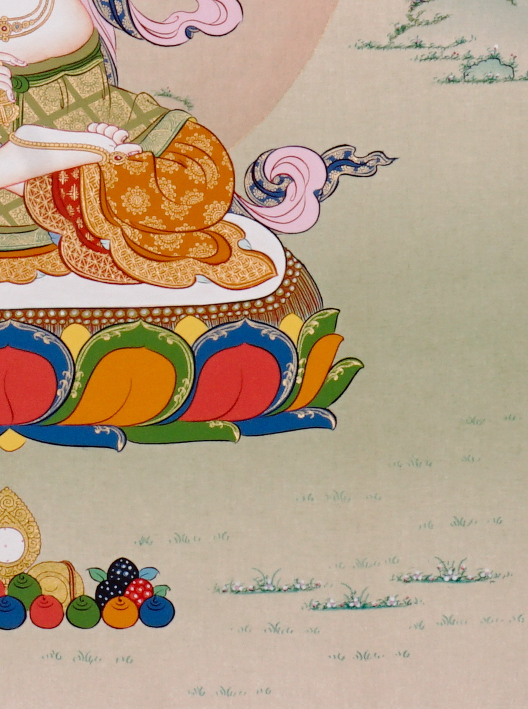 Akashgarbha Thangka painting with lotus throne, sacred attribute, floral symbolism, and Tibetan Buddhist wisdom imagery.