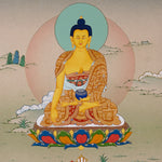 Shakyamuni Buddha Thangka painting with lotus throne, alms bowl, open landscape, and Tibetan Buddhist enlightenment symbolism