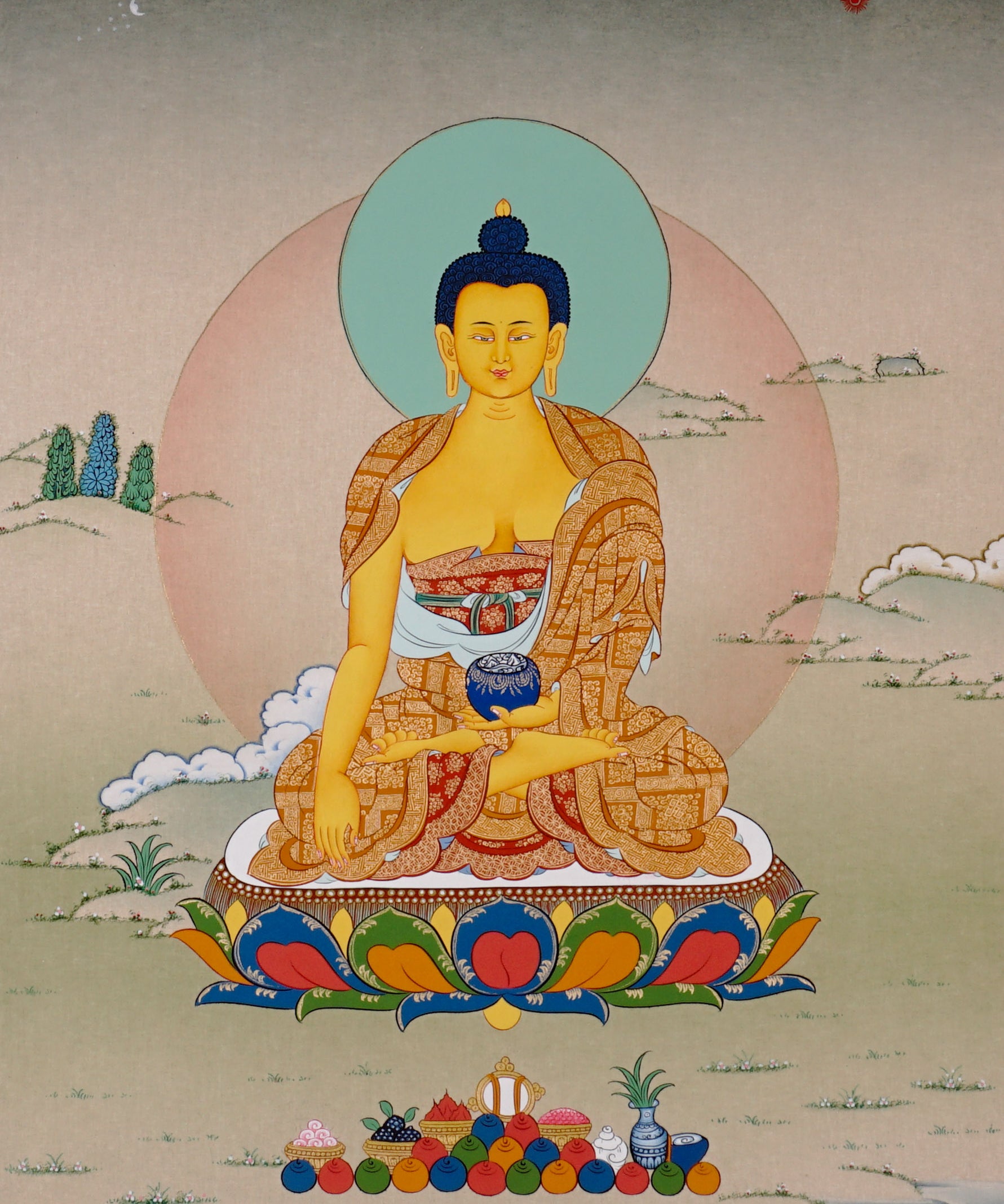 Shakyamuni Buddha Thangka painting with lotus throne, alms bowl, open landscape, and Tibetan Buddhist enlightenment symbolism