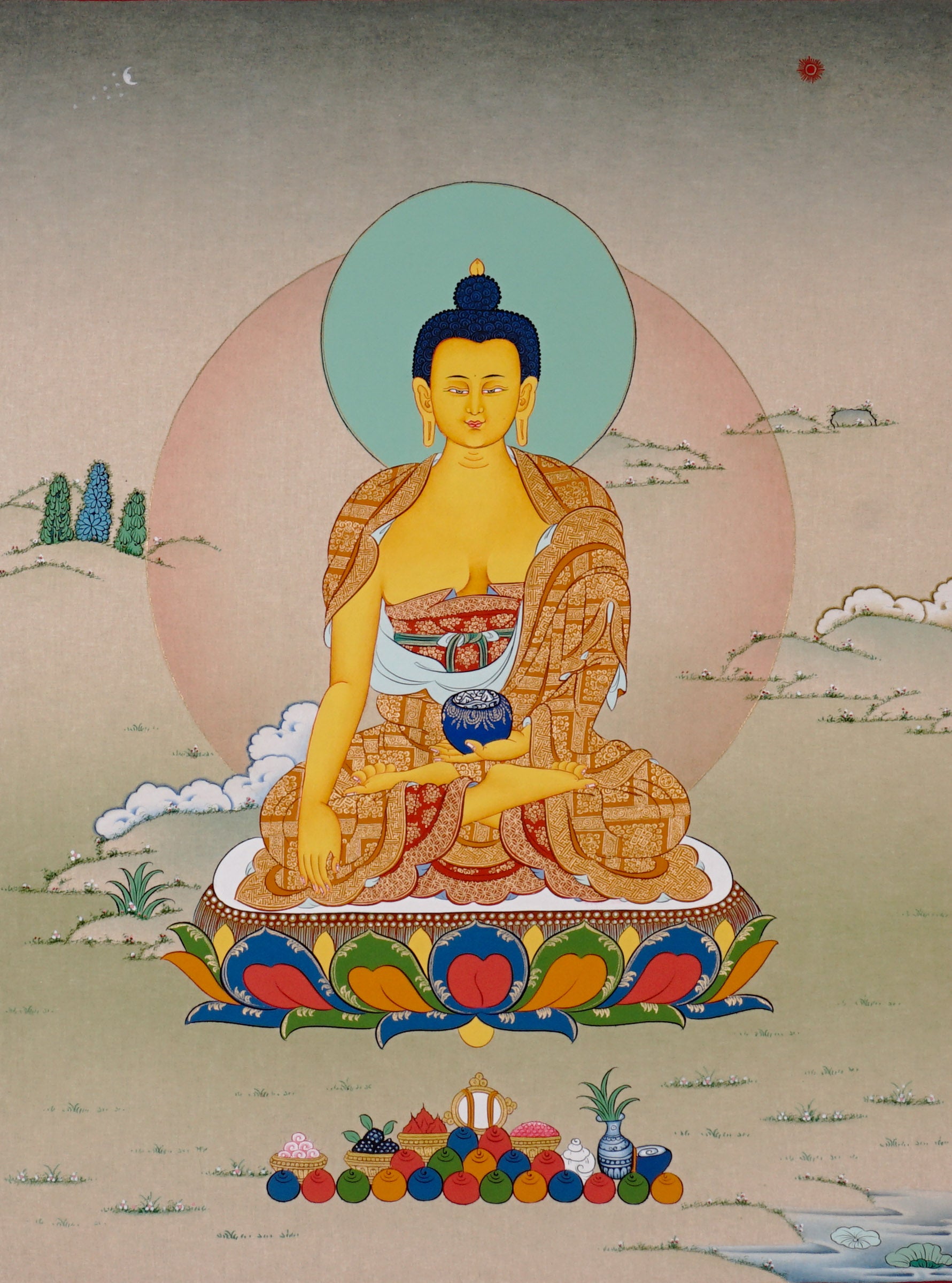 Shakyamuni Buddha Thangka painting with lotus throne, alms bowl, open landscape, and Tibetan Buddhist enlightenment symbolism