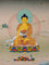 Shakyamuni Buddha Thangka painting with lotus throne, alms bowl, open landscape, and Tibetan Buddhist enlightenment symbolism