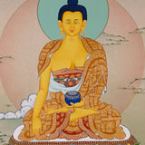 Shakyamuni Buddha Thangka painting with lotus throne, alms bowl, open landscape, and Tibetan Buddhist enlightenment symbolism