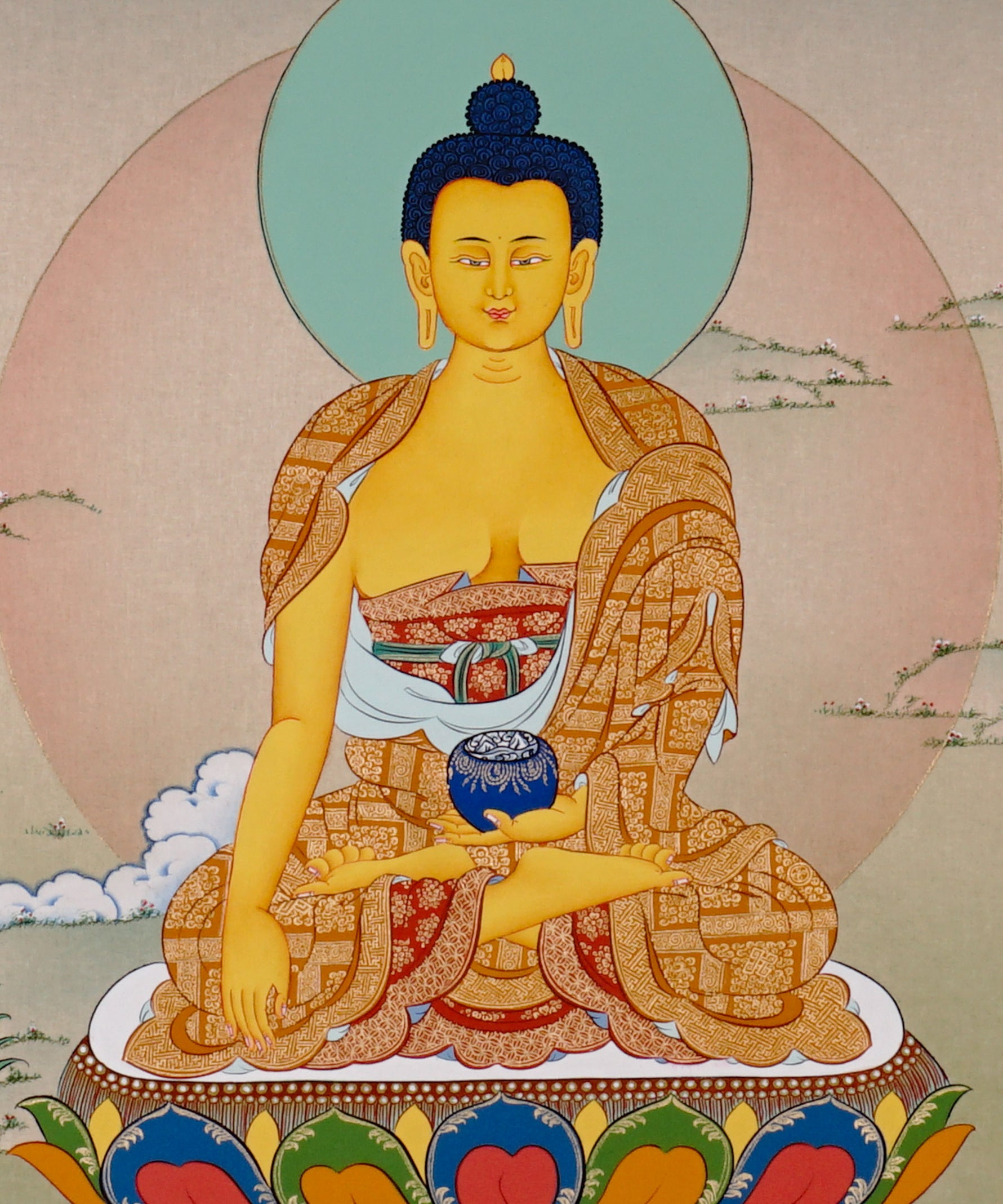 Shakyamuni Buddha Thangka painting with lotus throne, alms bowl, open landscape, and Tibetan Buddhist enlightenment symbolism
