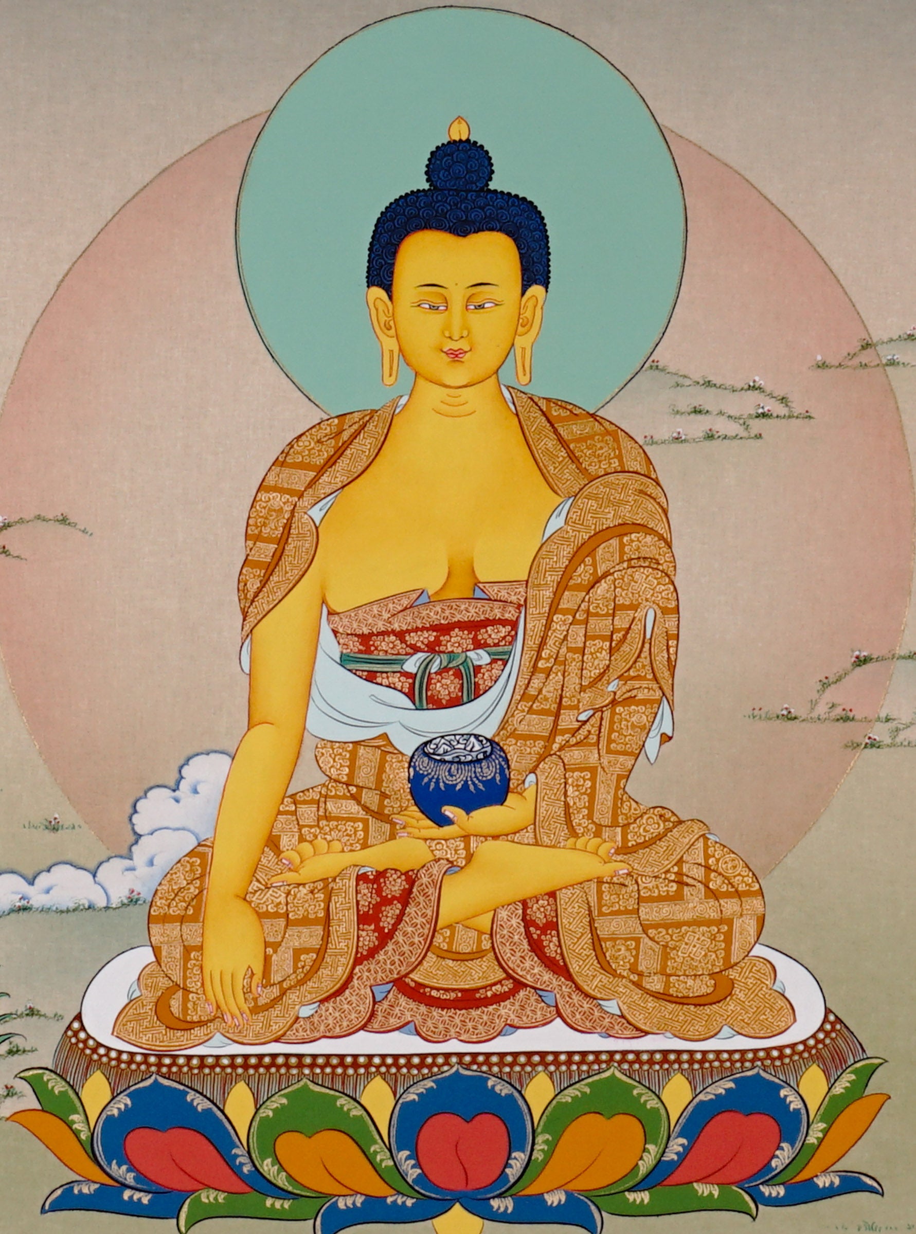 Shakyamuni Buddha Thangka painting with lotus throne, alms bowl, open landscape, and Tibetan Buddhist enlightenment symbolism