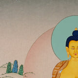 Shakyamuni Buddha Thangka painting with lotus throne, alms bowl, open landscape, and Tibetan Buddhist enlightenment symbolism