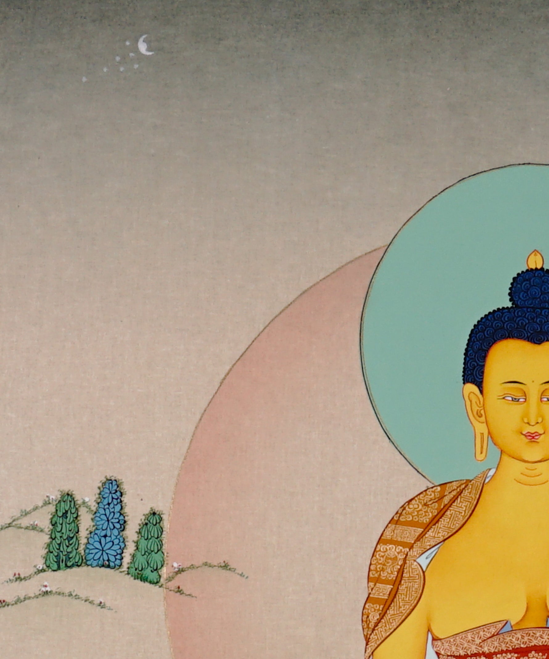 Shakyamuni Buddha Thangka painting with lotus throne, alms bowl, open landscape, and Tibetan Buddhist enlightenment symbolism