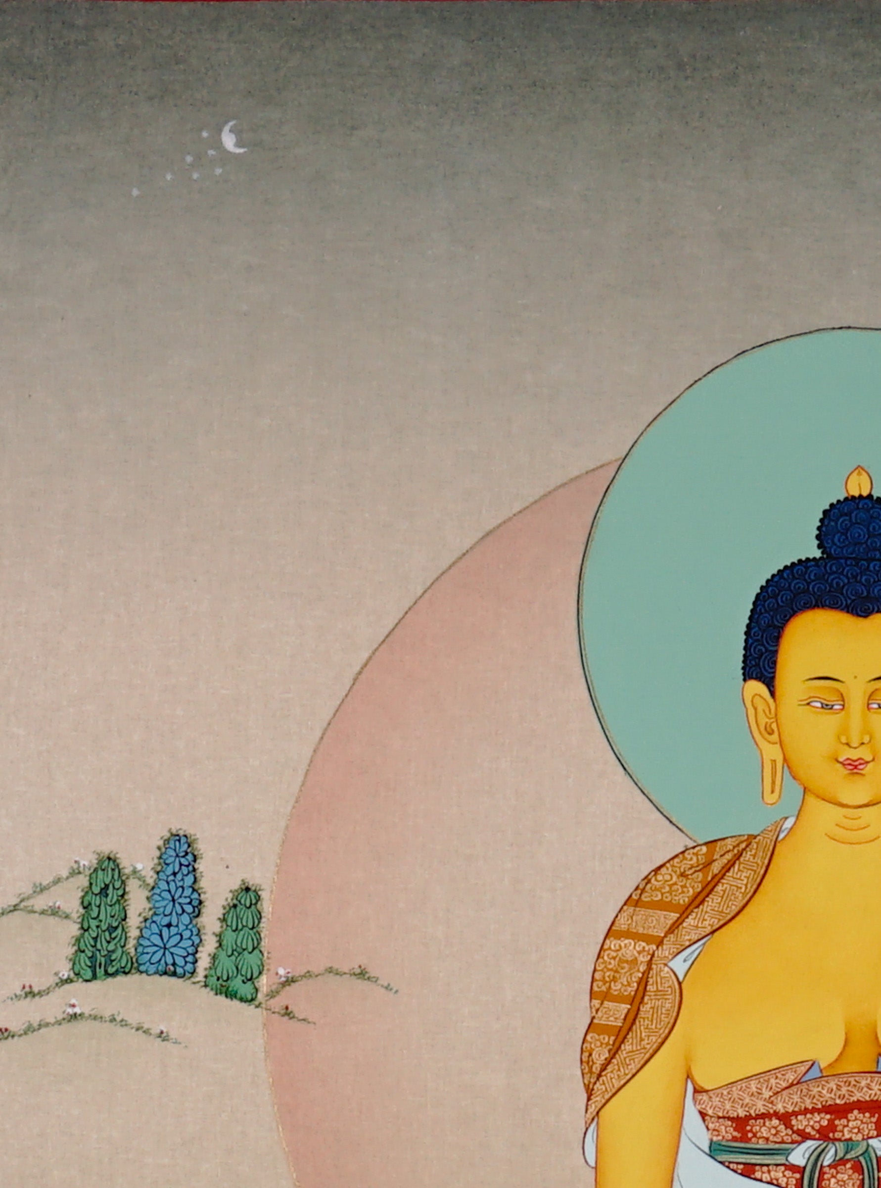 Shakyamuni Buddha Thangka painting with lotus throne, alms bowl, open landscape, and Tibetan Buddhist enlightenment symbolism