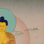 Shakyamuni Buddha Thangka painting with lotus throne, alms bowl, open landscape, and Tibetan Buddhist enlightenment symbolism