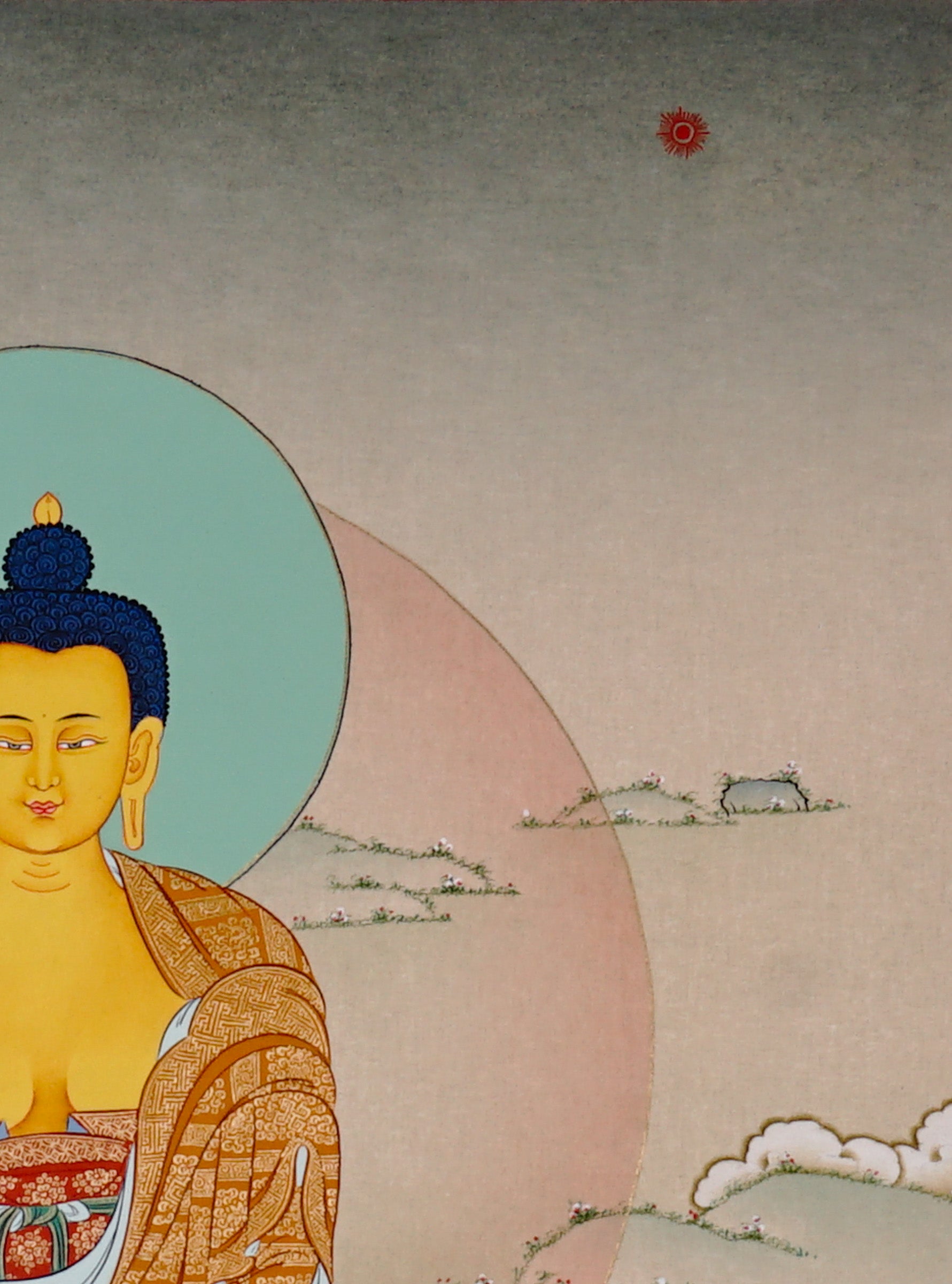 Shakyamuni Buddha Thangka painting with lotus throne, alms bowl, open landscape, and Tibetan Buddhist enlightenment symbolism