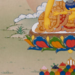 Shakyamuni Buddha Thangka painting with lotus throne, alms bowl, open landscape, and Tibetan Buddhist enlightenment symbolism