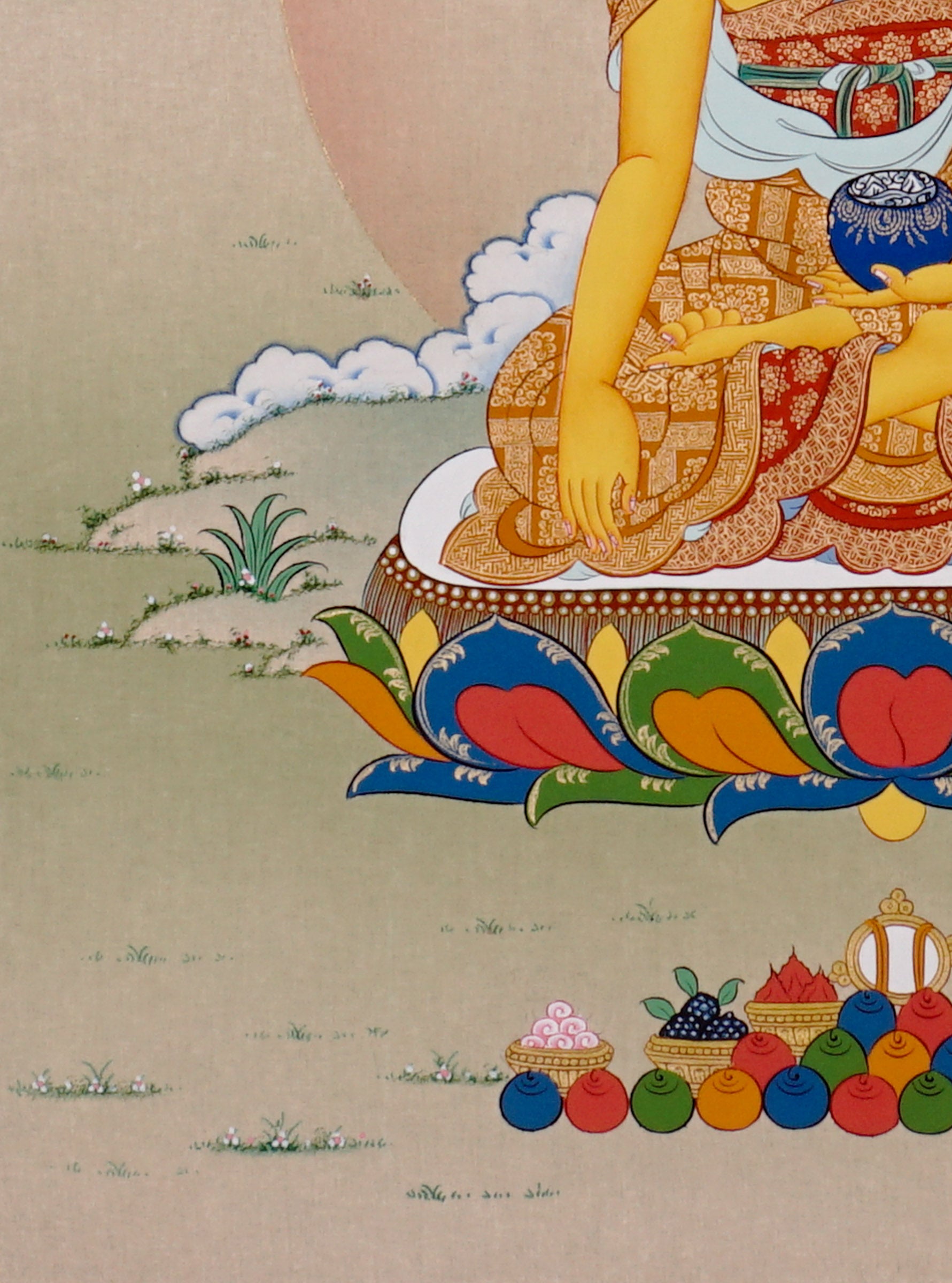 Shakyamuni Buddha Thangka painting with lotus throne, alms bowl, open landscape, and Tibetan Buddhist enlightenment symbolism