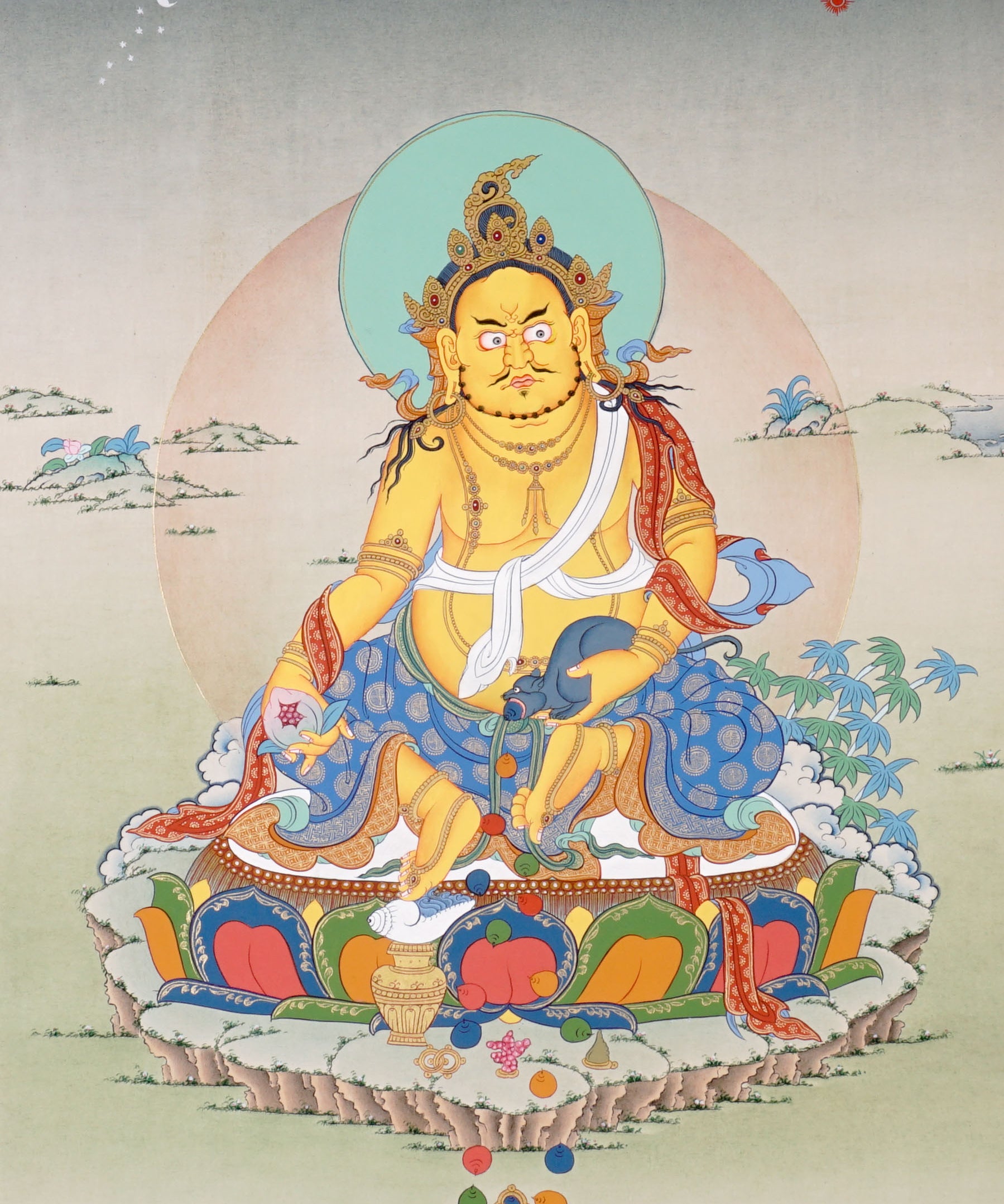 Zambala Thangka painting with lotus throne, prosperity symbolism, mouse attribute, and traditional Tibetan Buddhist sacred art.
