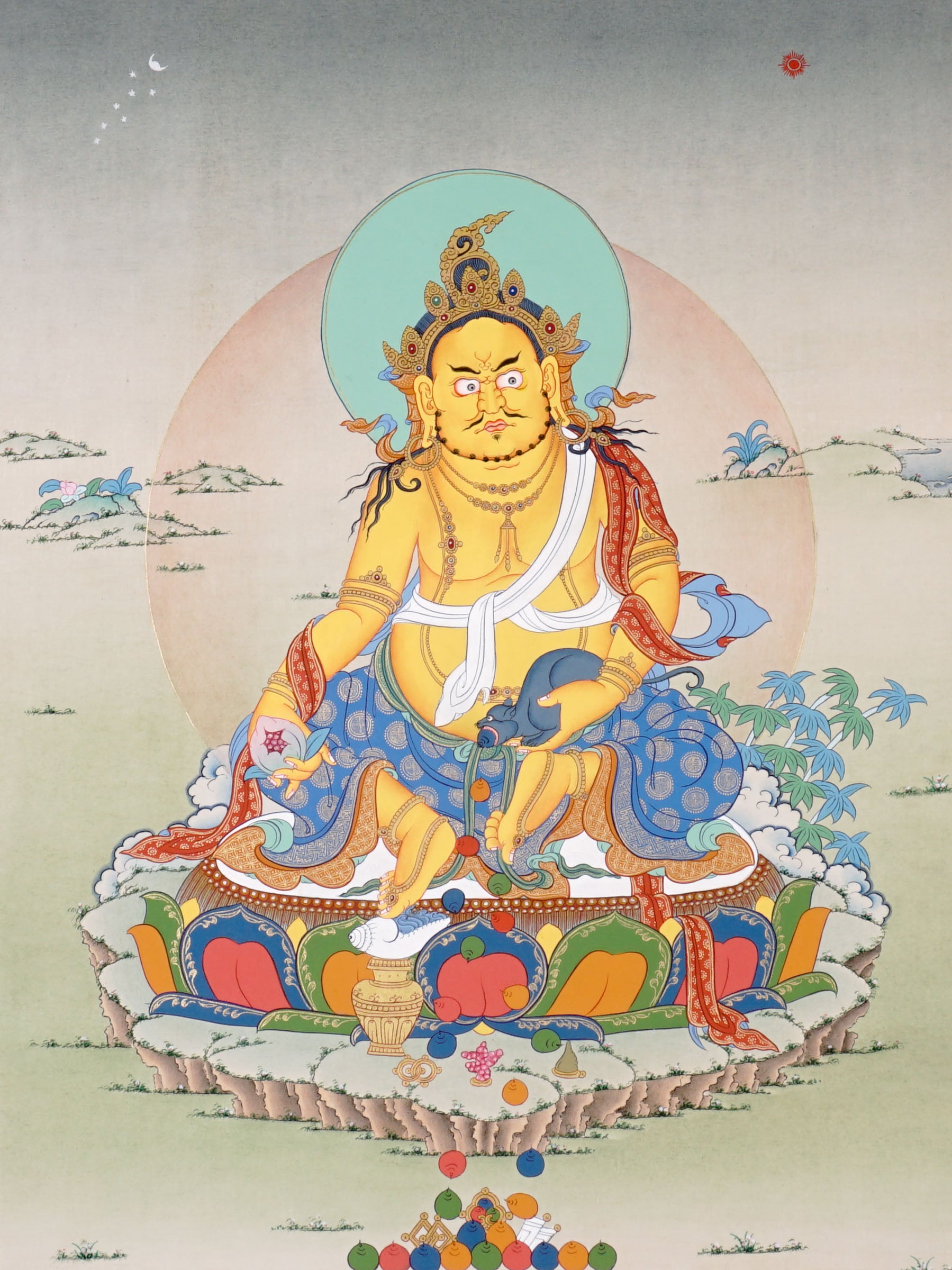 Zambala Thangka painting with lotus throne, prosperity symbolism, mouse attribute, and traditional Tibetan Buddhist sacred art.