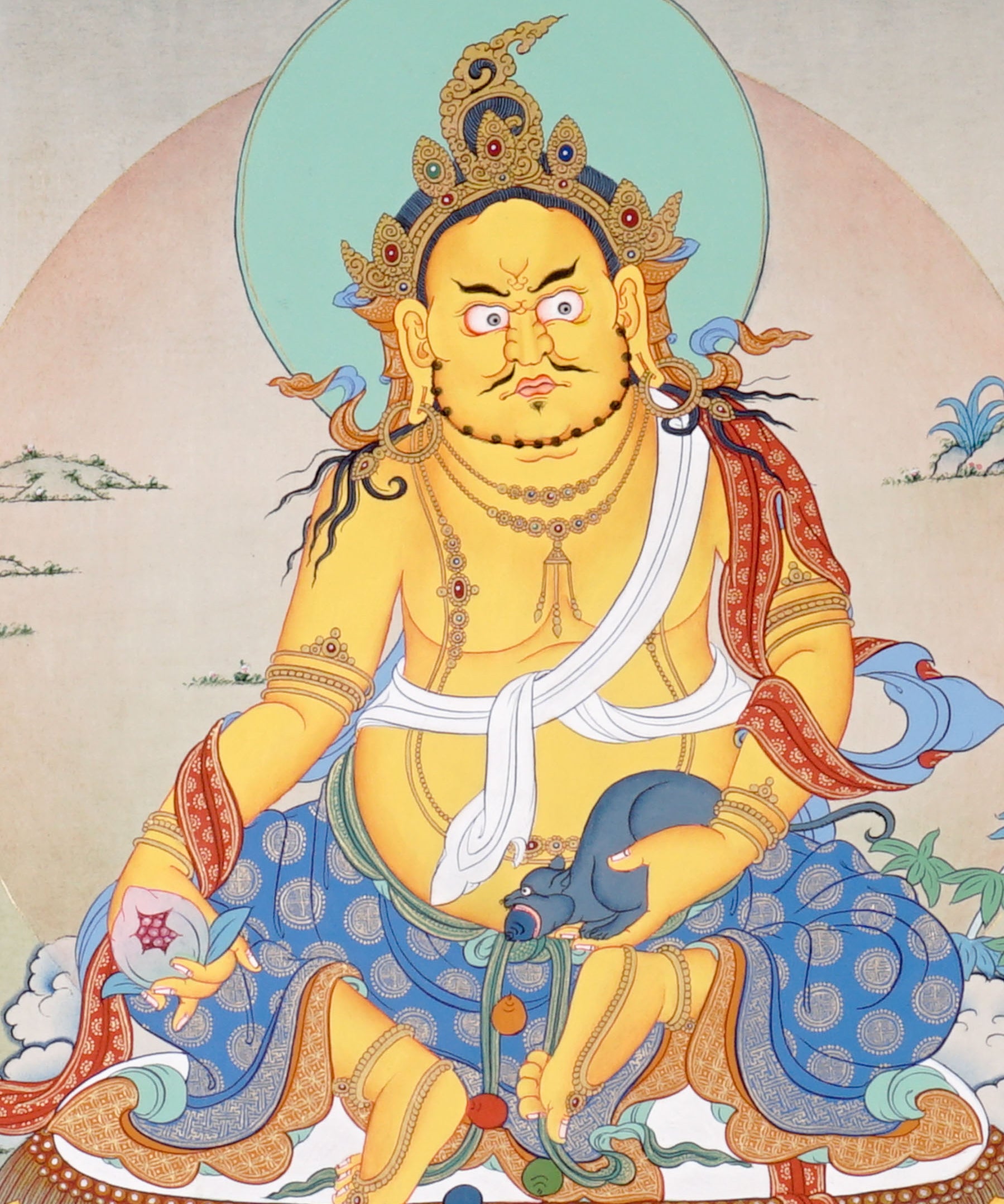 Zambala Thangka painting with lotus throne, prosperity symbolism, mouse attribute, and traditional Tibetan Buddhist sacred art.