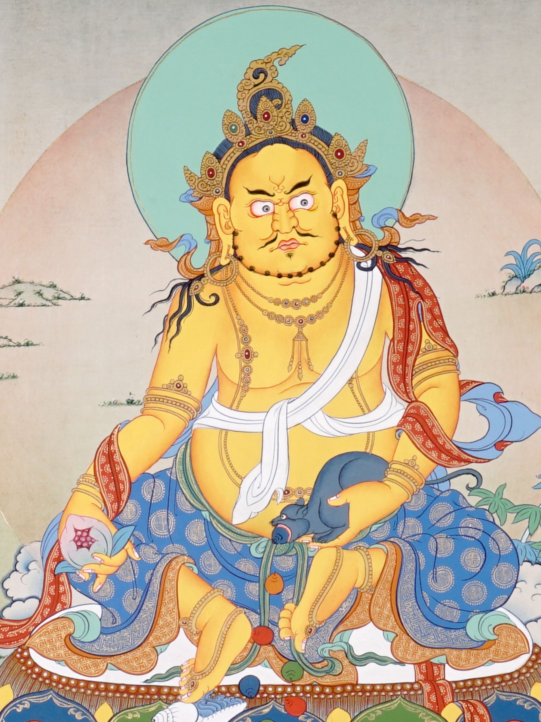 Zambala Thangka painting with lotus throne, prosperity symbolism, mouse attribute, and traditional Tibetan Buddhist sacred art.