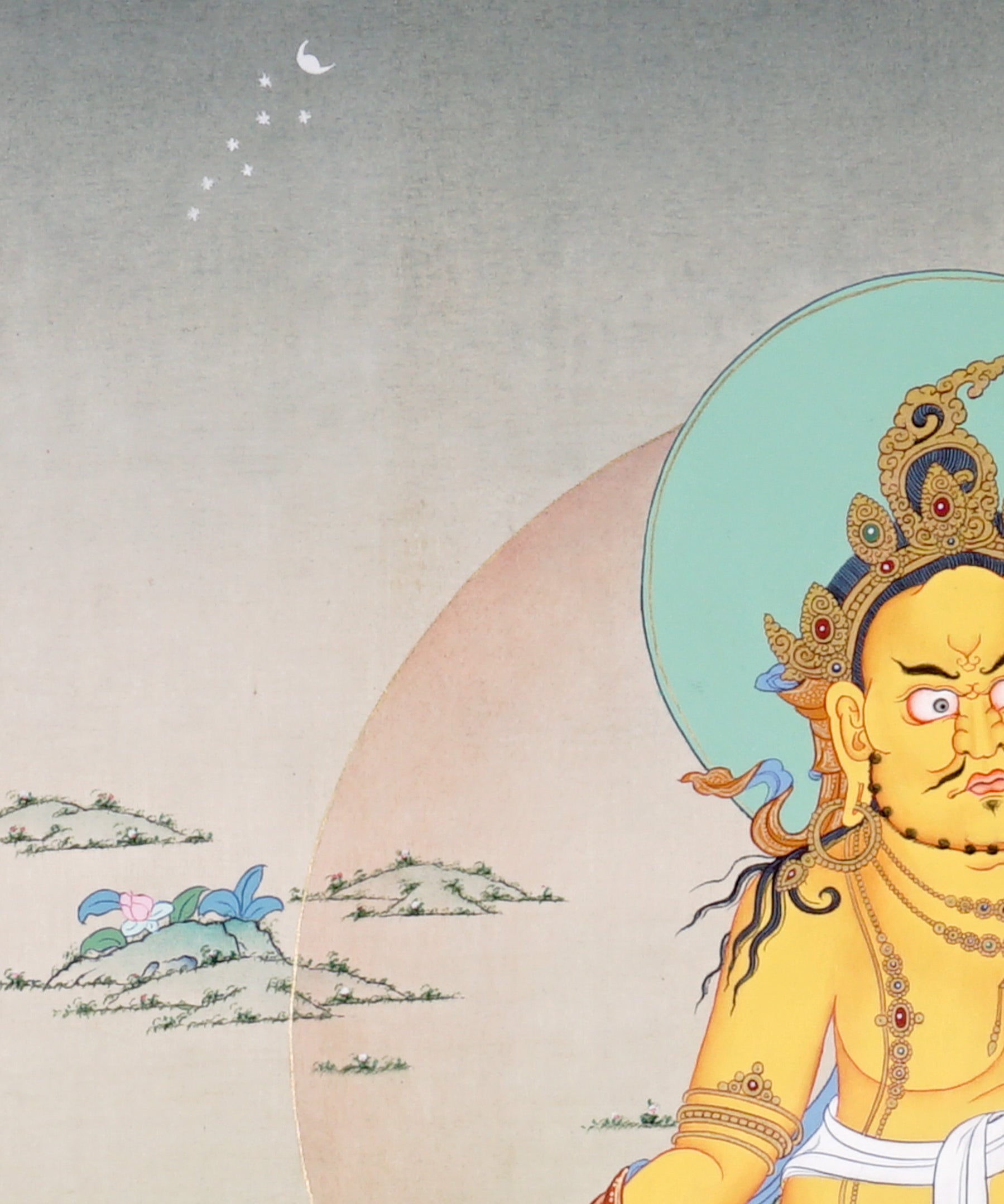 Zambala Thangka painting with lotus throne, prosperity symbolism, mouse attribute, and traditional Tibetan Buddhist sacred art.