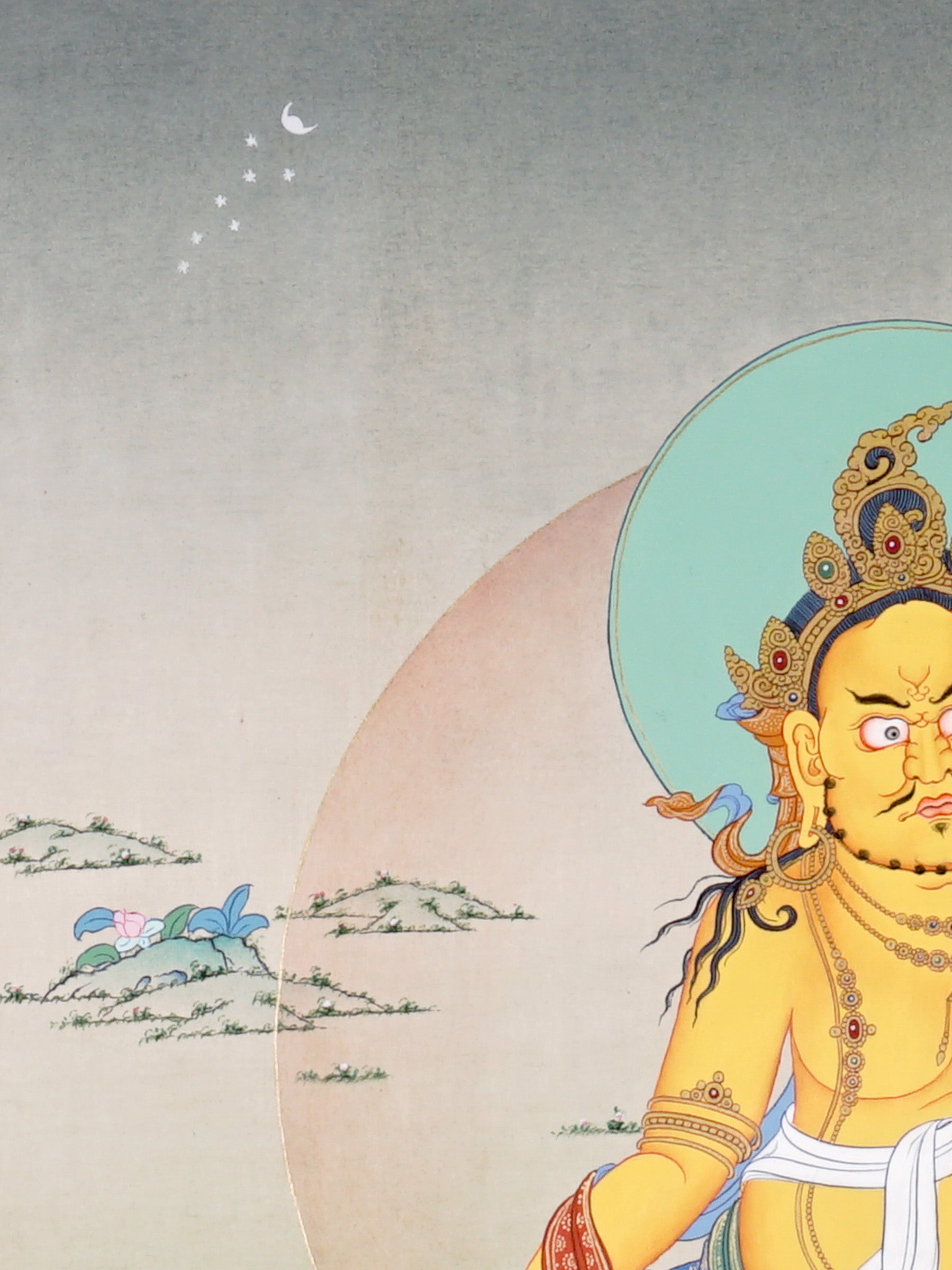 Zambala Thangka painting with lotus throne, prosperity symbolism, mouse attribute, and traditional Tibetan Buddhist sacred art.