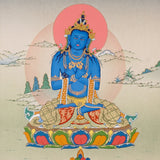 Vajradhara Thangka painting with blue Buddha form, crossed arms, lotus throne, and Tibetan Buddhist primordial enlightenment symbolism.