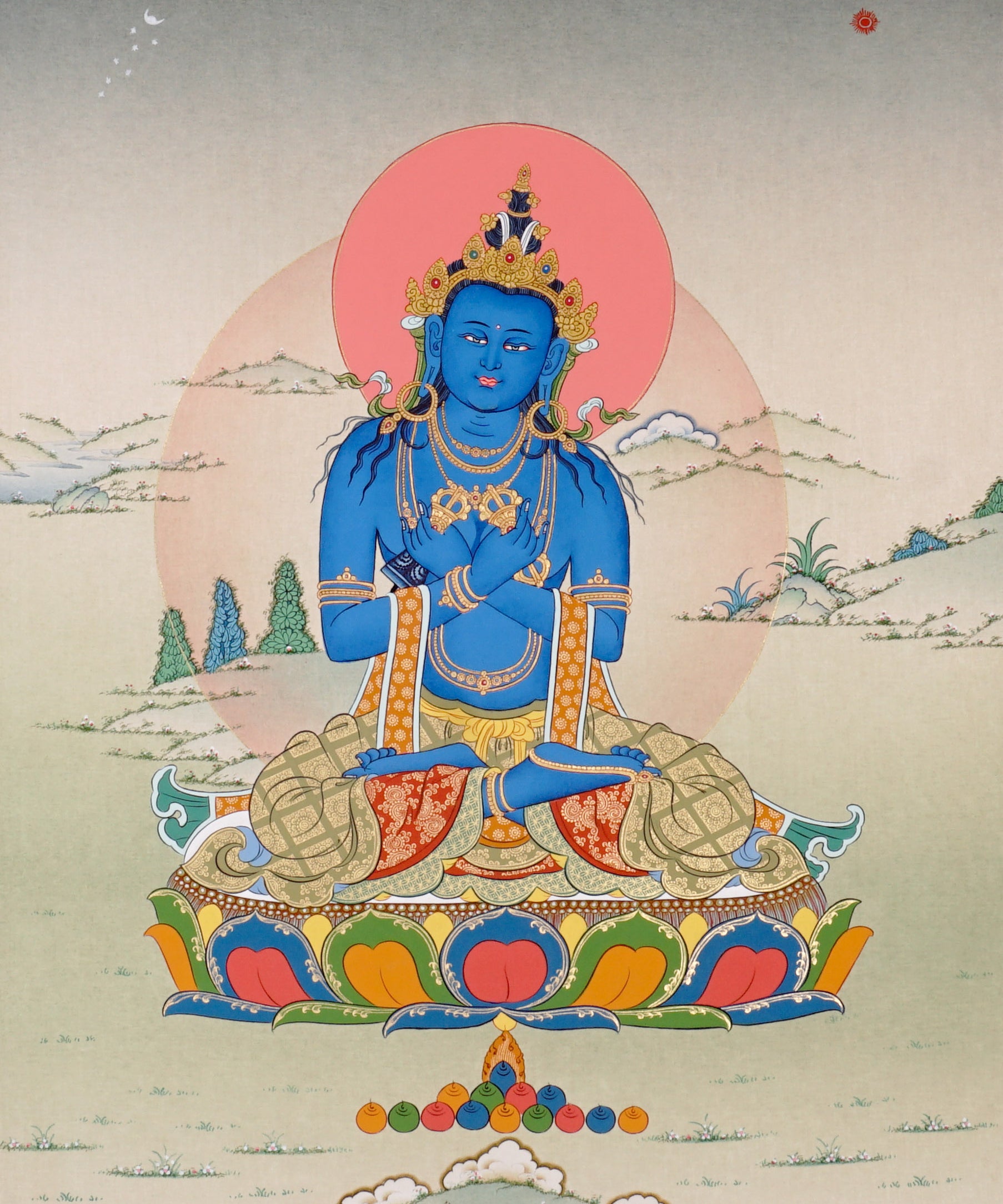 Vajradhara Thangka painting with blue Buddha form, crossed arms, lotus throne, and Tibetan Buddhist primordial enlightenment symbolism.