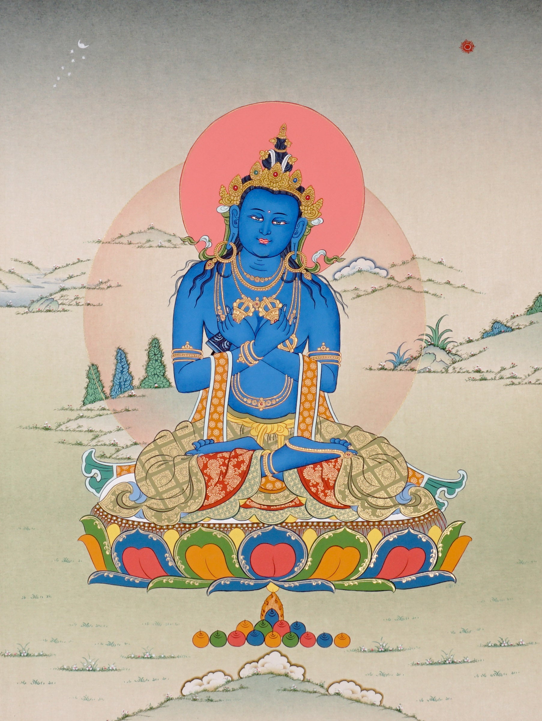 Vajradhara Thangka painting with blue Buddha form, crossed arms, lotus throne, and Tibetan Buddhist primordial enlightenment symbolism.