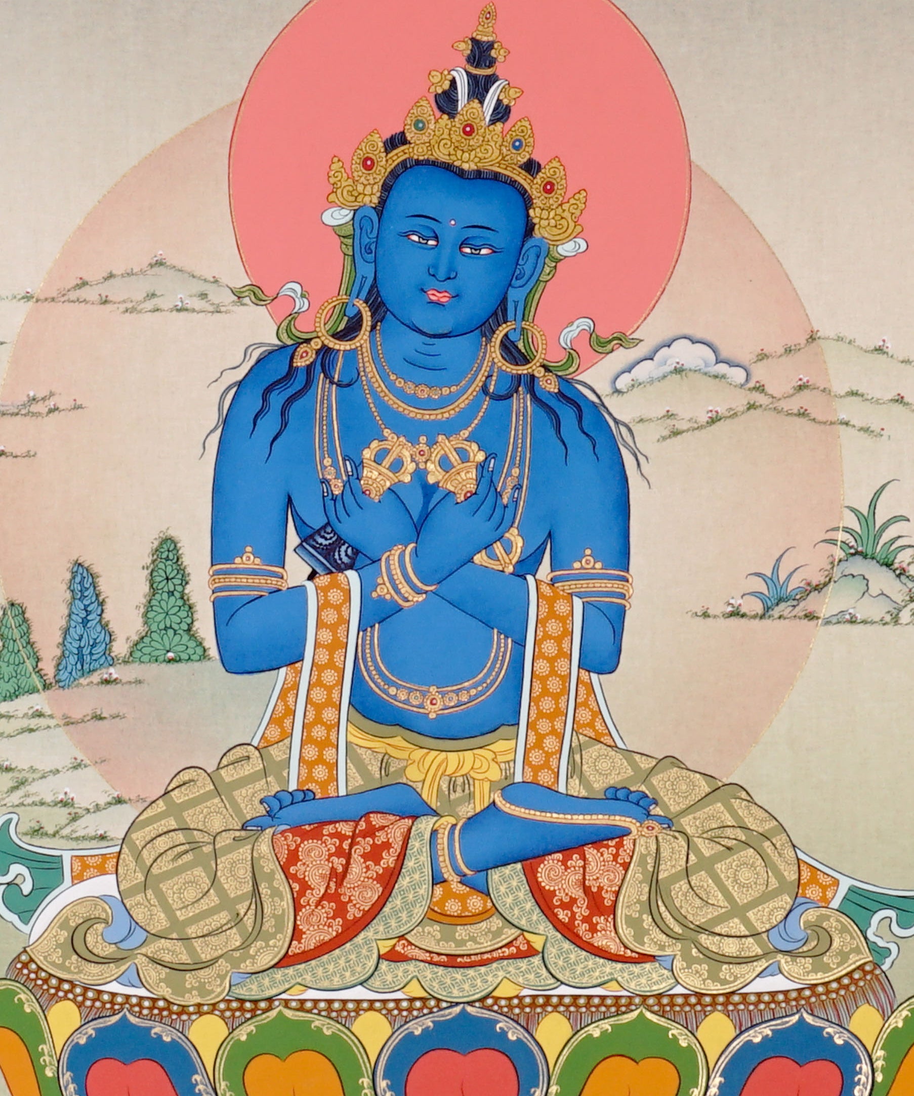 Vajradhara Thangka painting with blue Buddha form, crossed arms, lotus throne, and Tibetan Buddhist primordial enlightenment symbolism.