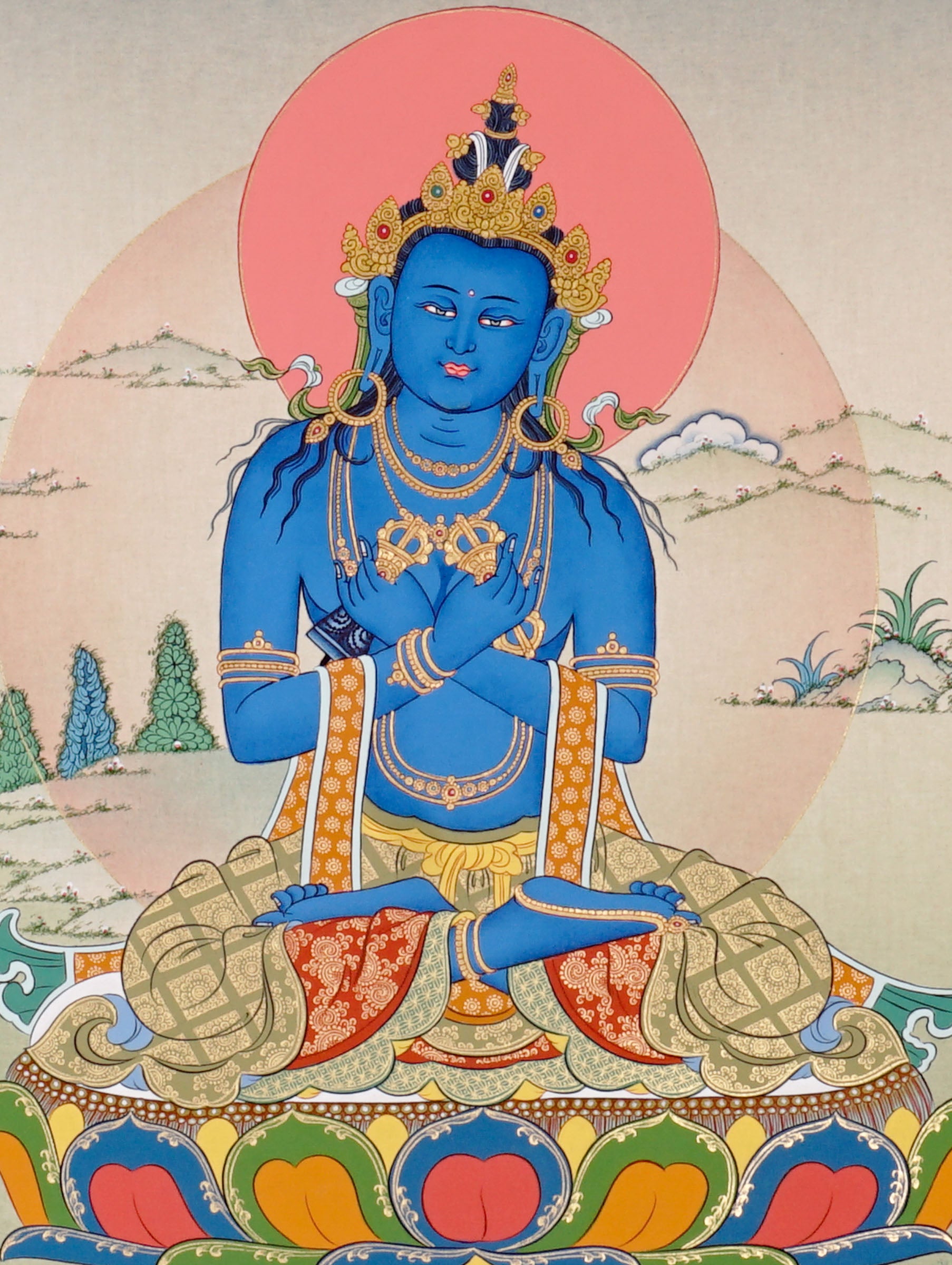Vajradhara Thangka painting with blue Buddha form, crossed arms, lotus throne, and Tibetan Buddhist primordial enlightenment symbolism.