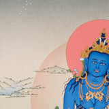 Vajradhara Thangka painting with blue Buddha form, crossed arms, lotus throne, and Tibetan Buddhist primordial enlightenment symbolism.