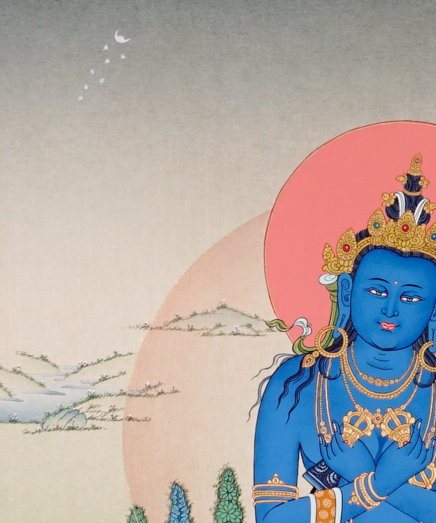 Vajradhara Thangka painting with blue Buddha form, crossed arms, lotus throne, and Tibetan Buddhist primordial enlightenment symbolism.