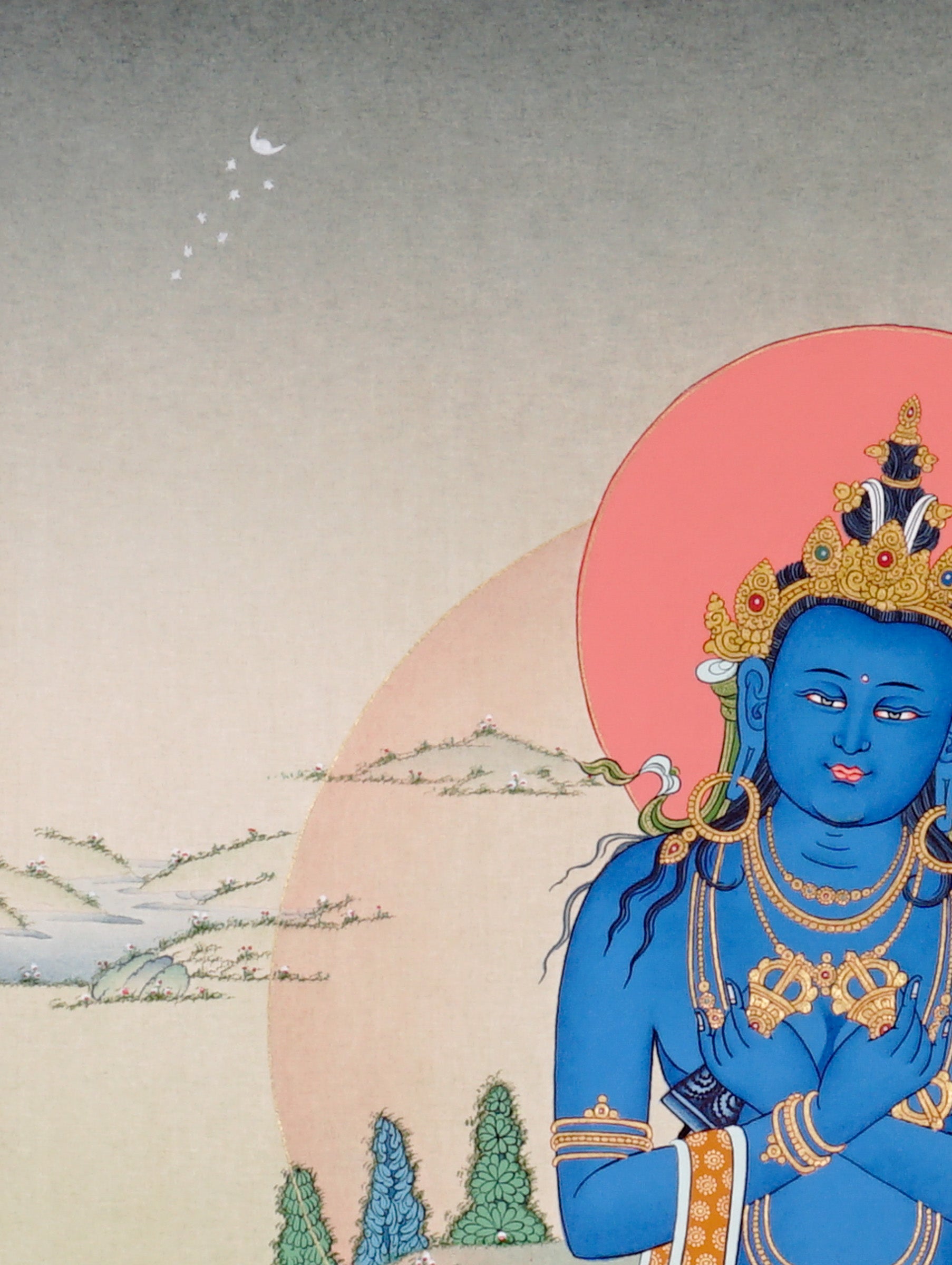 Vajradhara Thangka painting with blue Buddha form, crossed arms, lotus throne, and Tibetan Buddhist primordial enlightenment symbolism.
