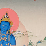 Vajradhara Thangka painting with blue Buddha form, crossed arms, lotus throne, and Tibetan Buddhist primordial enlightenment symbolism.