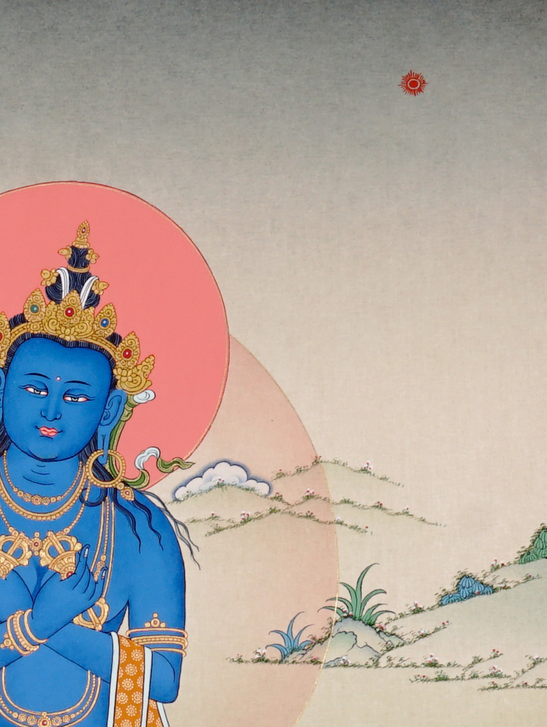 Vajradhara Thangka painting with blue Buddha form, crossed arms, lotus throne, and Tibetan Buddhist primordial enlightenment symbolism.
