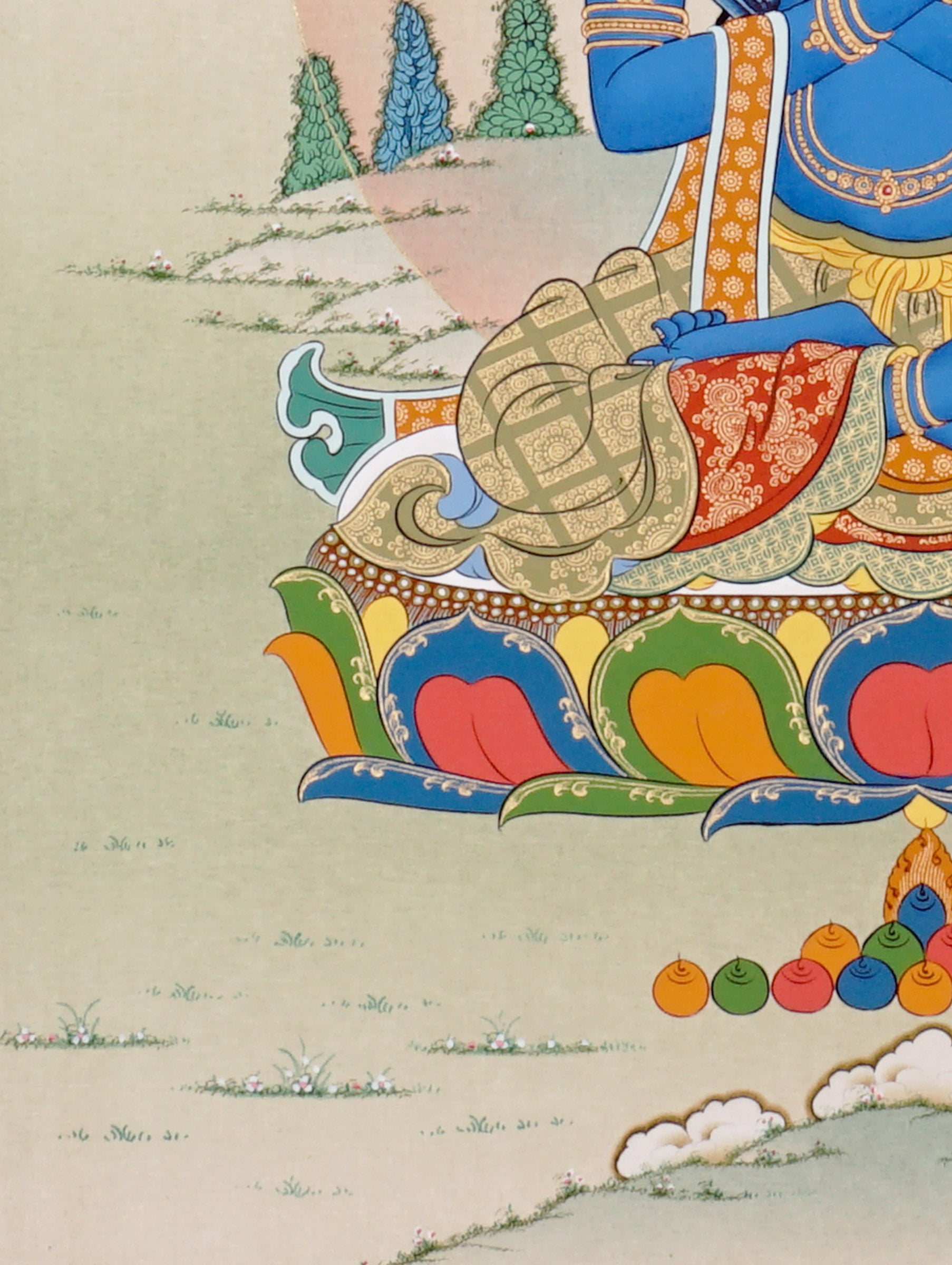 Vajradhara Thangka painting with blue Buddha form, crossed arms, lotus throne, and Tibetan Buddhist primordial enlightenment symbolism.