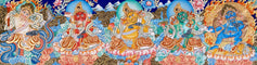 Five Zambala Tibetan Buddhist artwork with detailed colourful deities in a horizontal composition