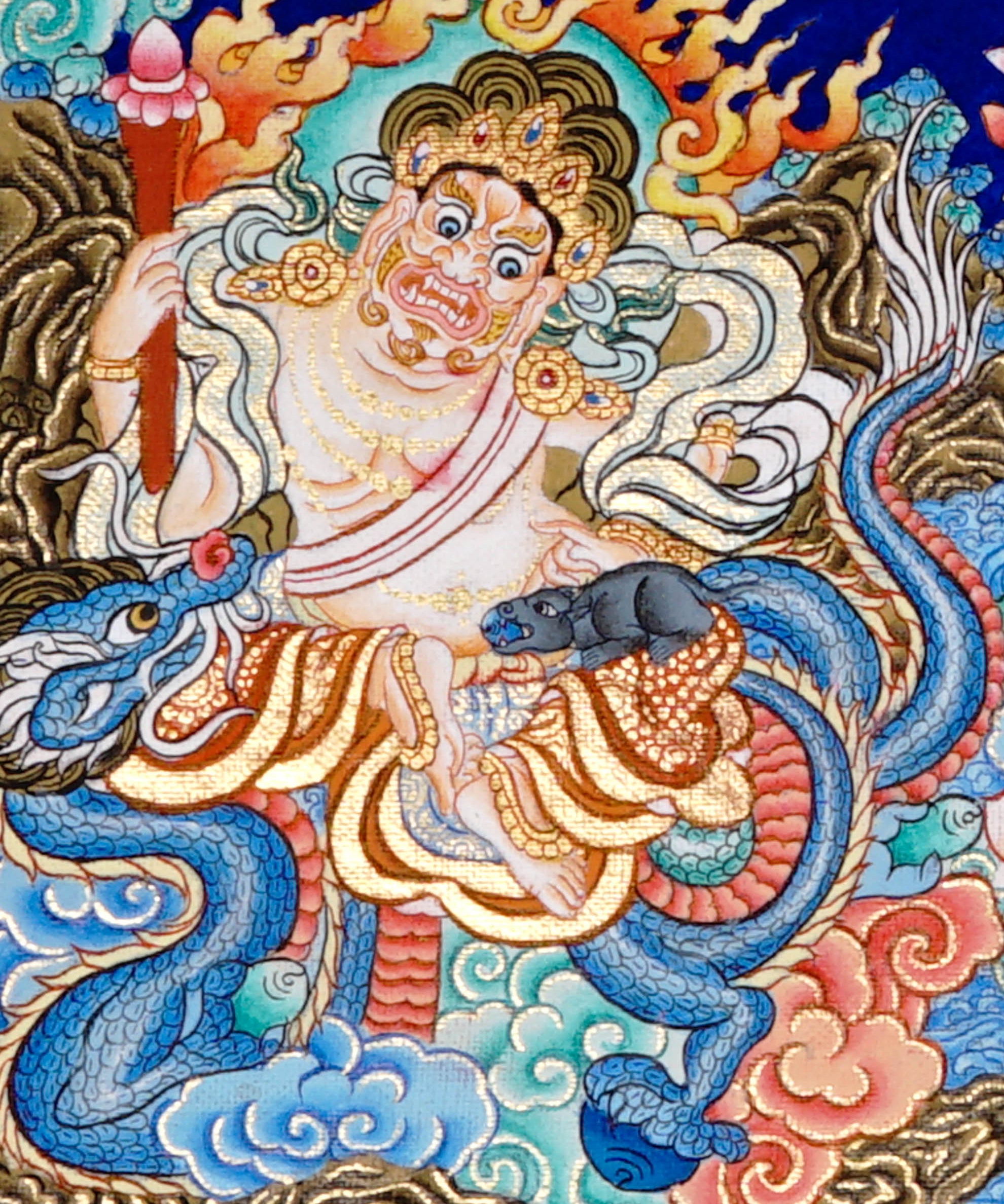 Five Zambala Tibetan Buddhist artwork with detailed colourful deities in a horizontal composition