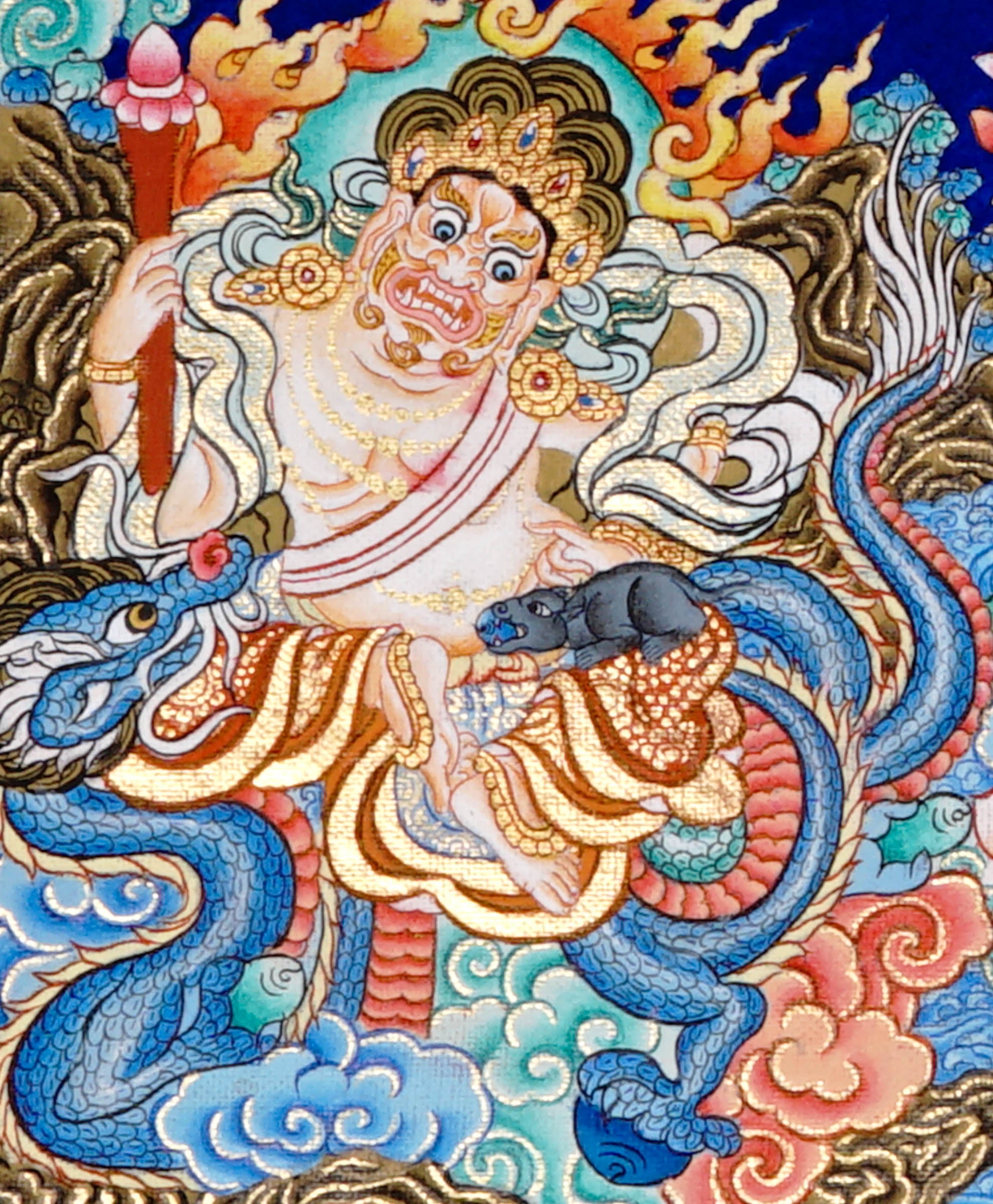 Five Zambala Tibetan Buddhist artwork with detailed colourful deities in a horizontal composition