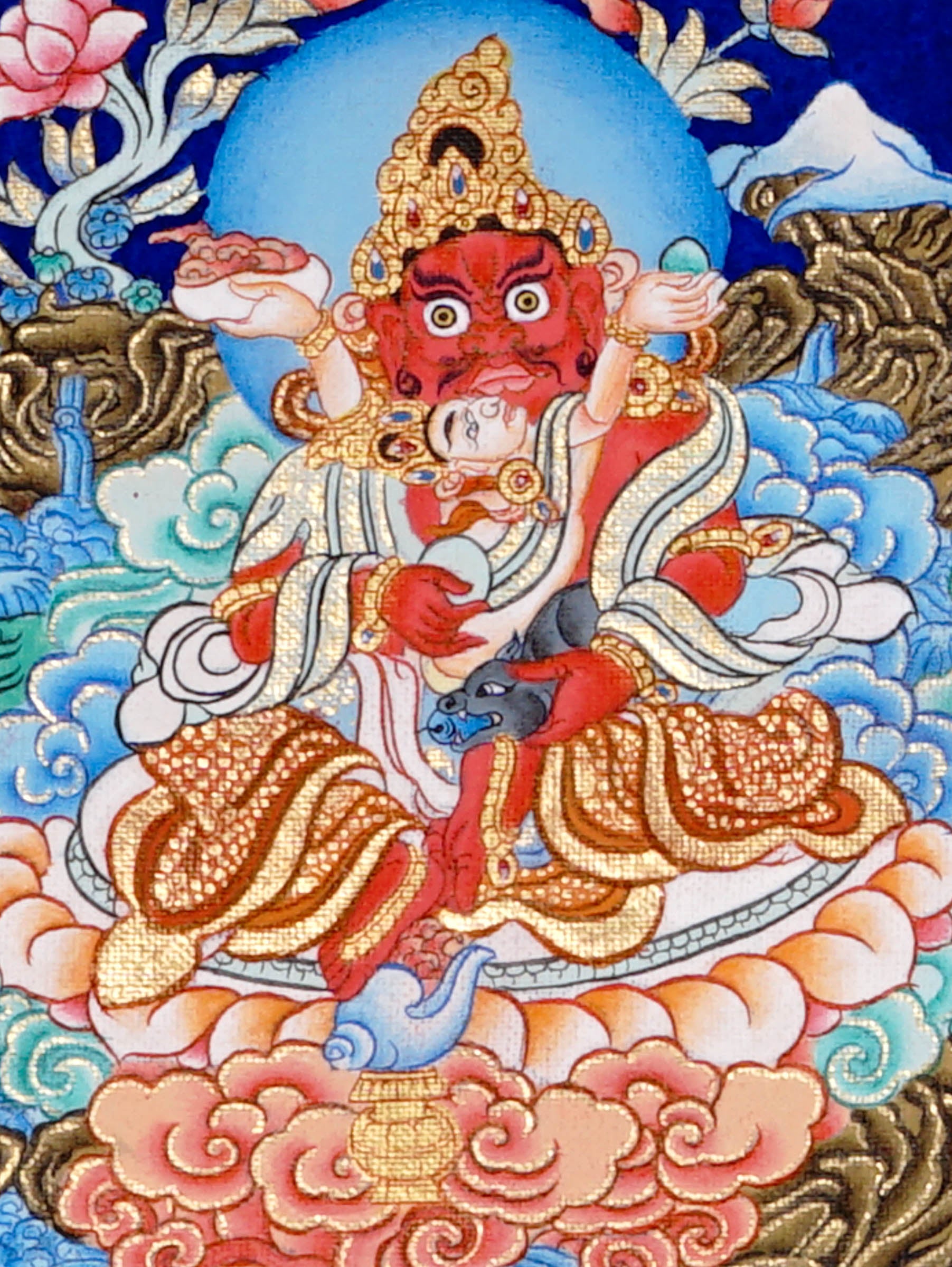 Five Zambala Tibetan Buddhist artwork with detailed colourful deities in a horizontal composition