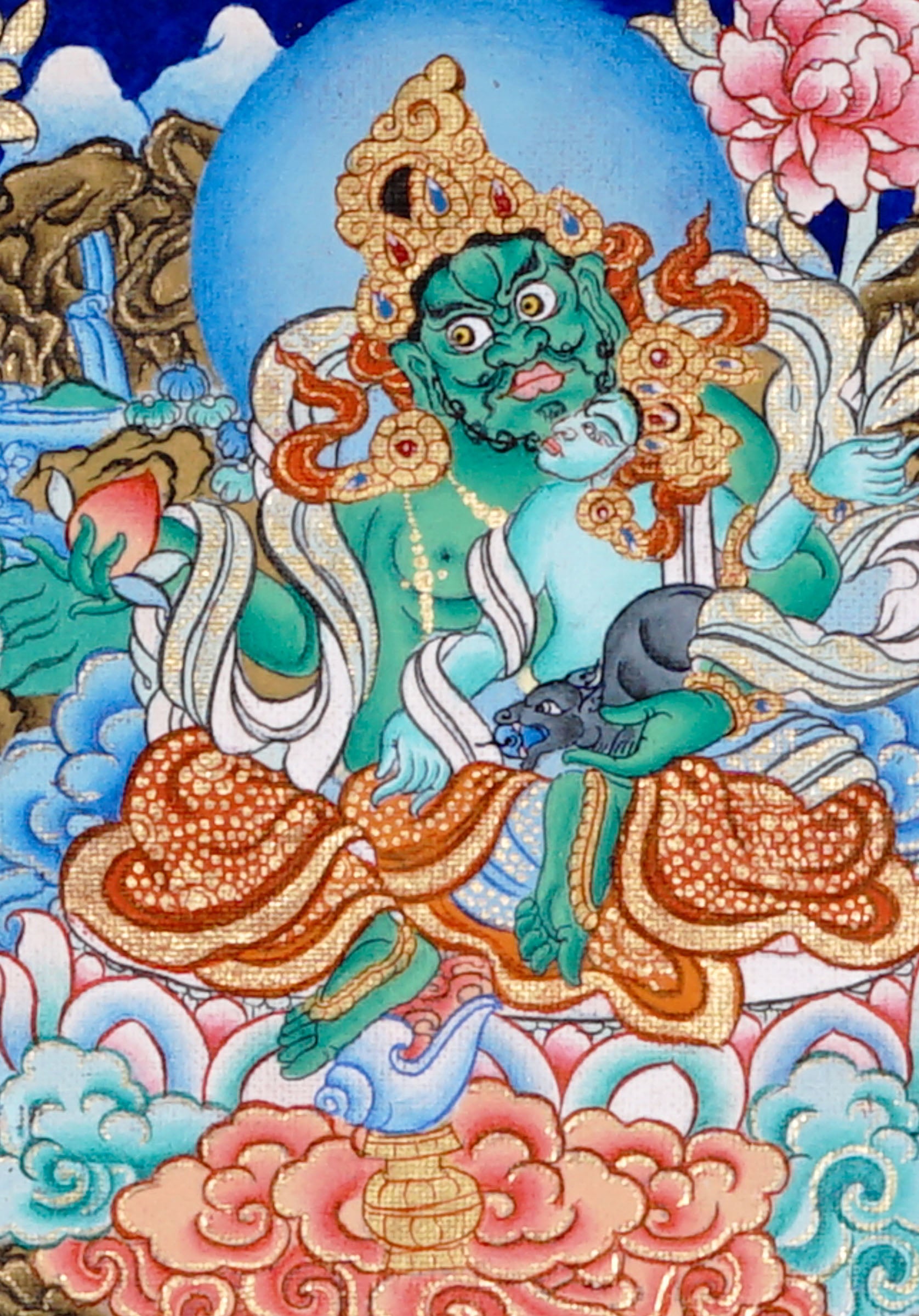 Five Zambala Tibetan Buddhist artwork with detailed colourful deities in a horizontal composition