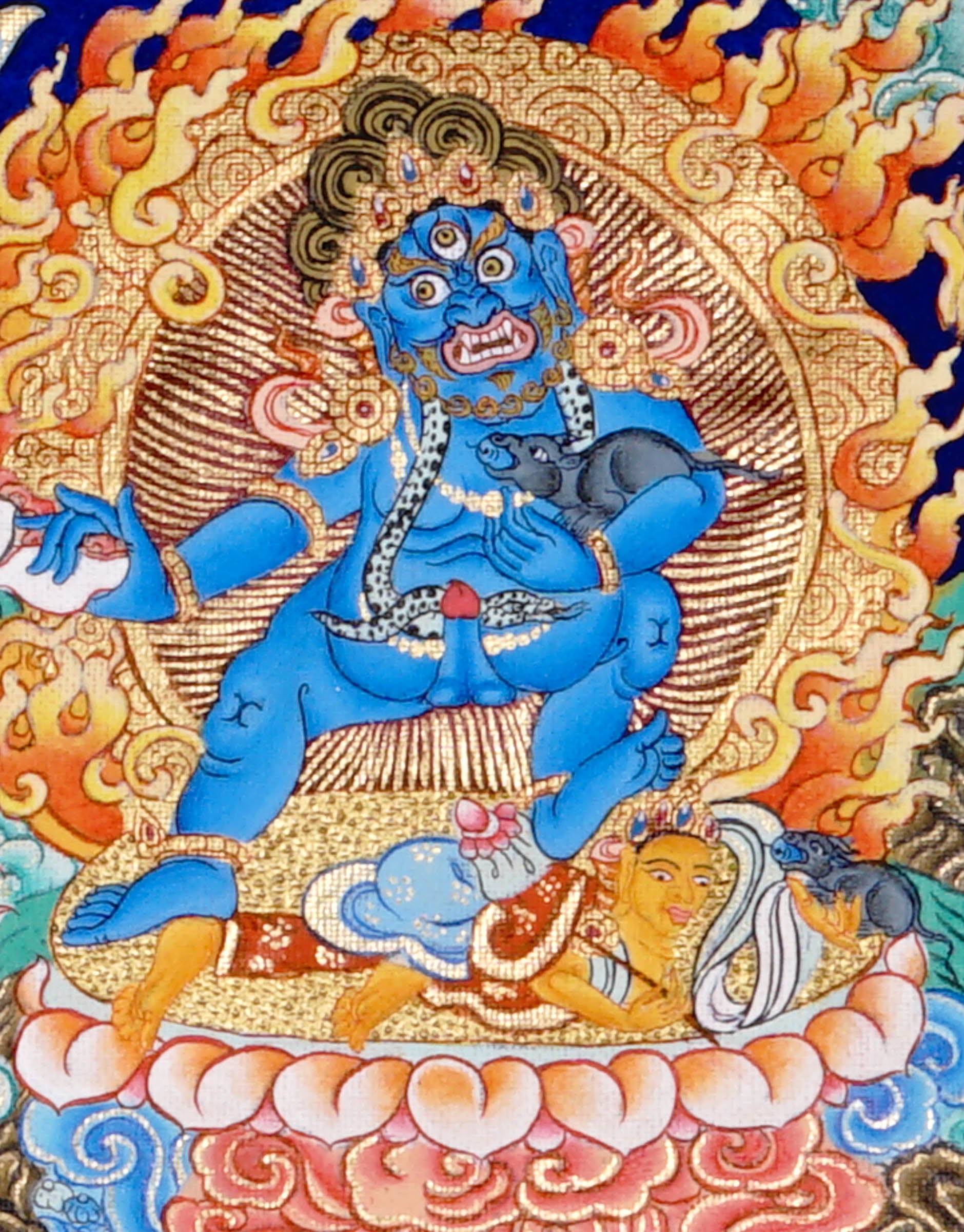 Five Zambala Tibetan Buddhist artwork with detailed colourful deities in a horizontal composition