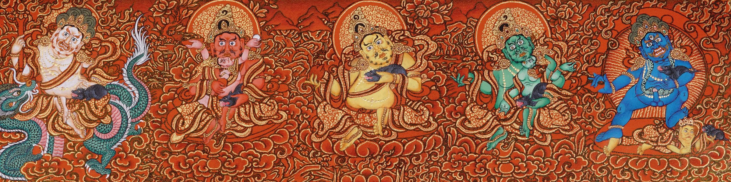 Five Zambala Tibetan Buddhist artwork with red background and detailed wealth deities