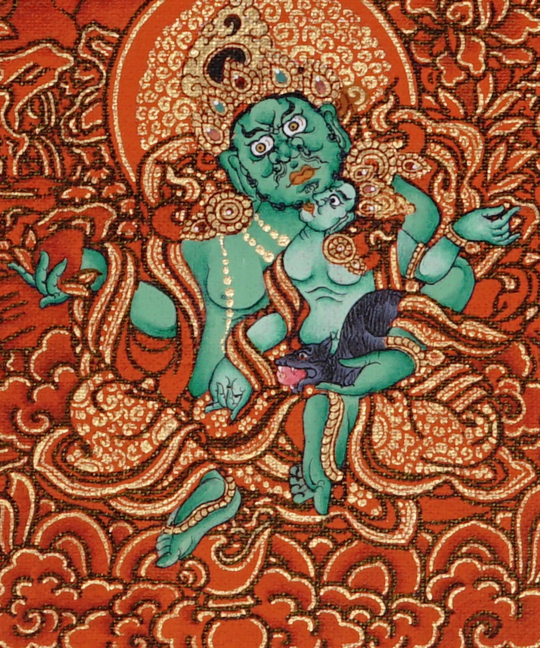 Five Zambala Tibetan Buddhist artwork with red background and detailed wealth deities