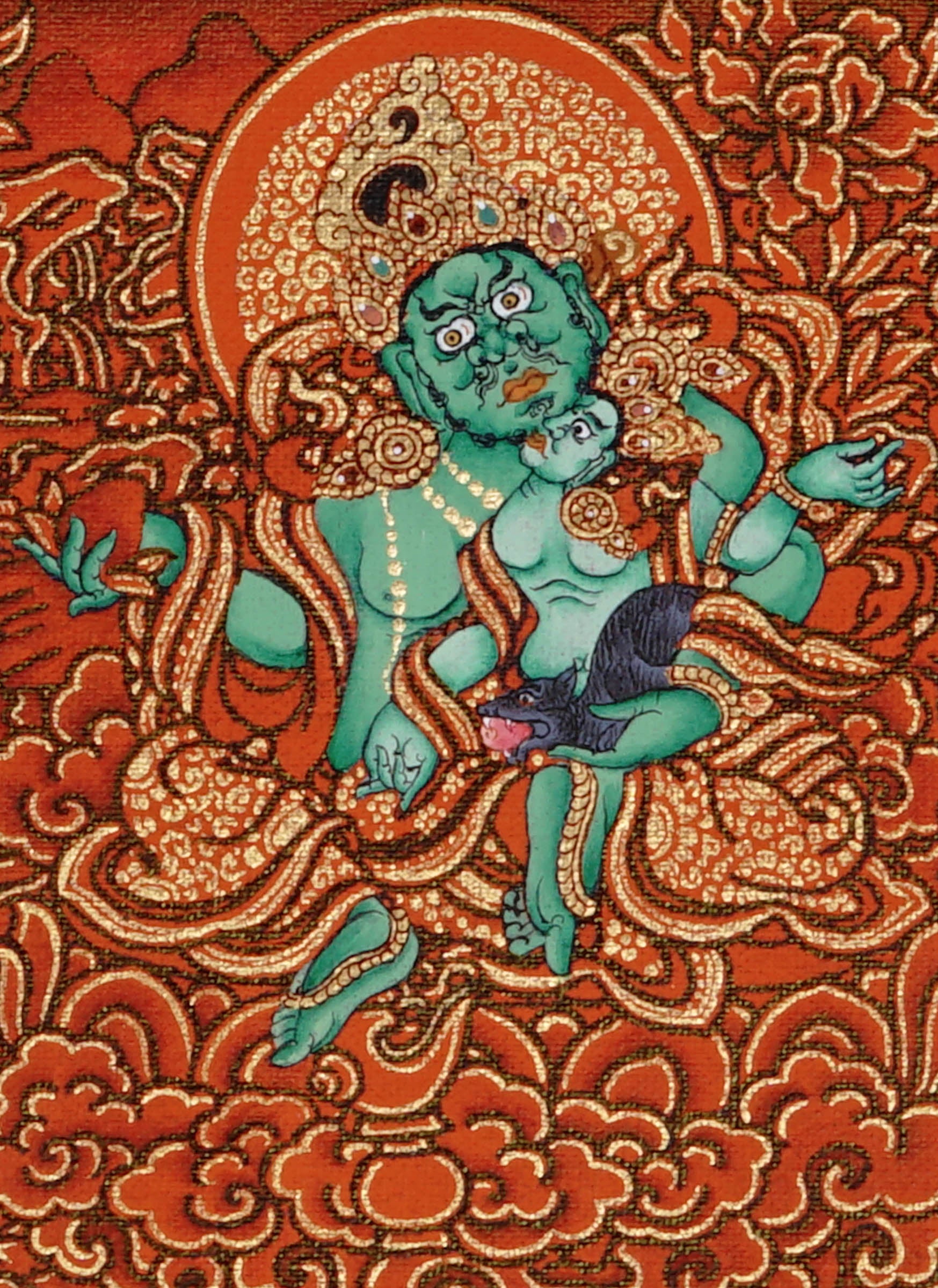 Five Zambala Tibetan Buddhist artwork with red background and detailed wealth deities