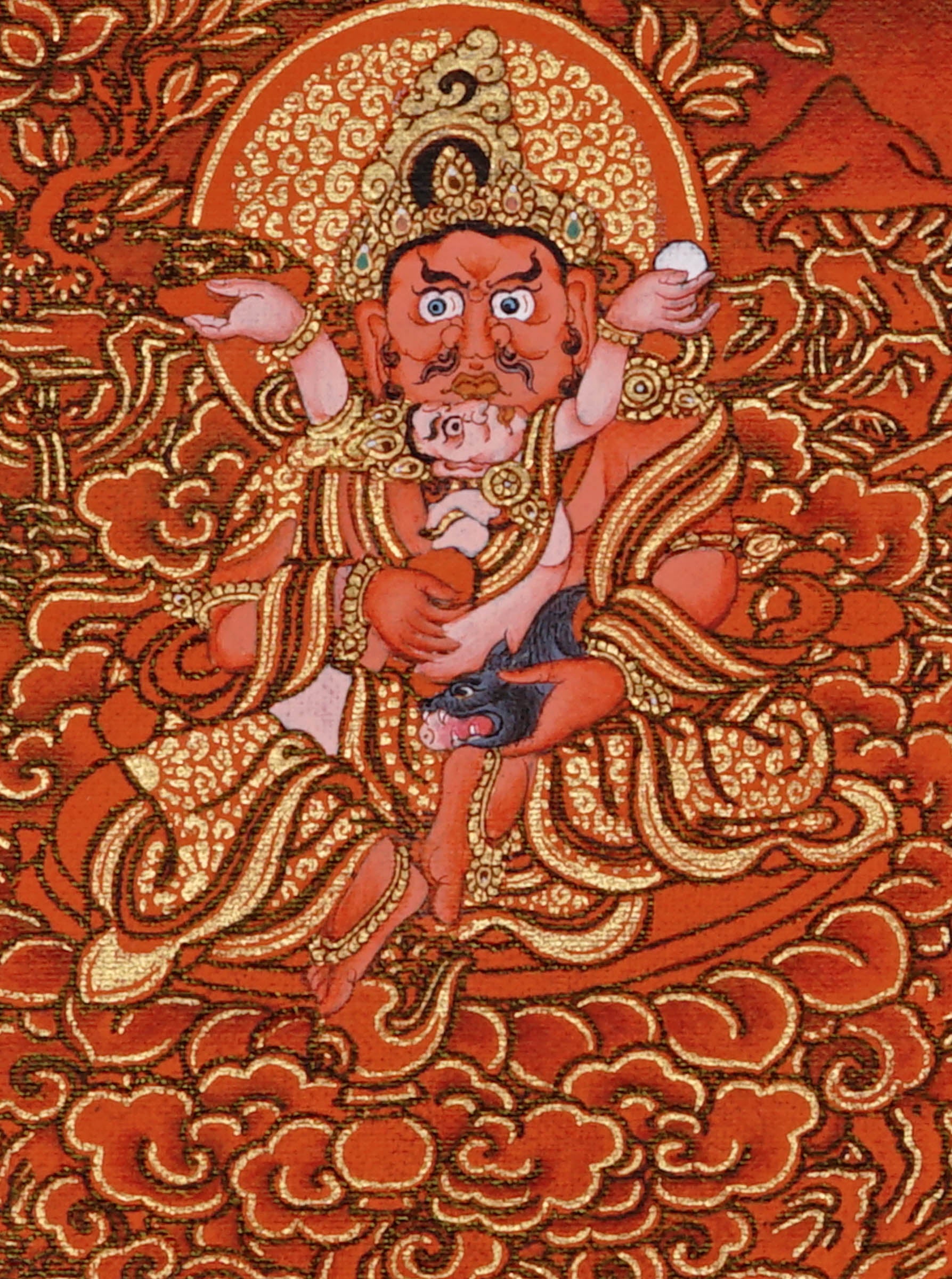 Five Zambala Tibetan Buddhist artwork with red background and detailed wealth deities