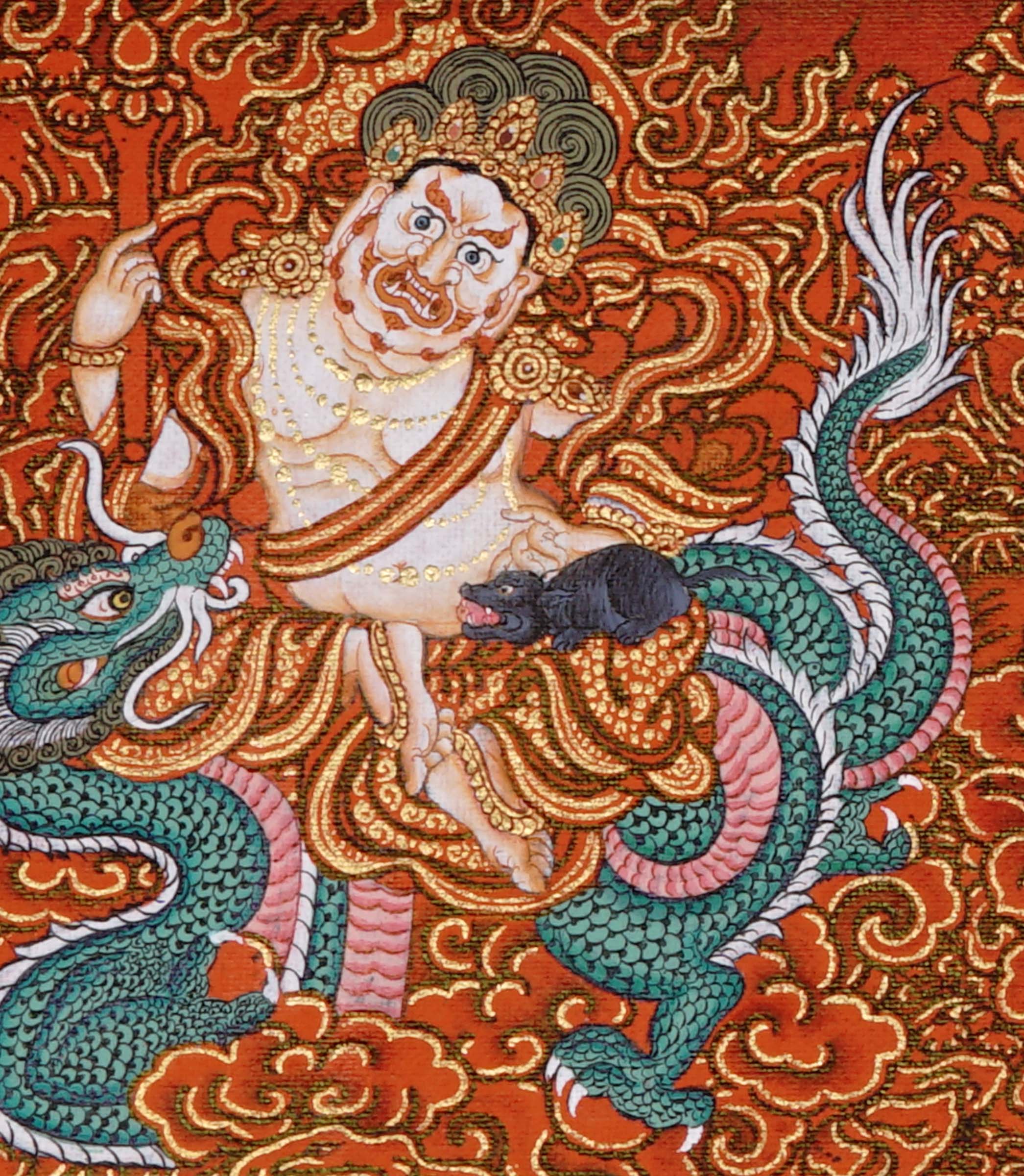 Five Zambala Tibetan Buddhist artwork with red background and detailed wealth deities