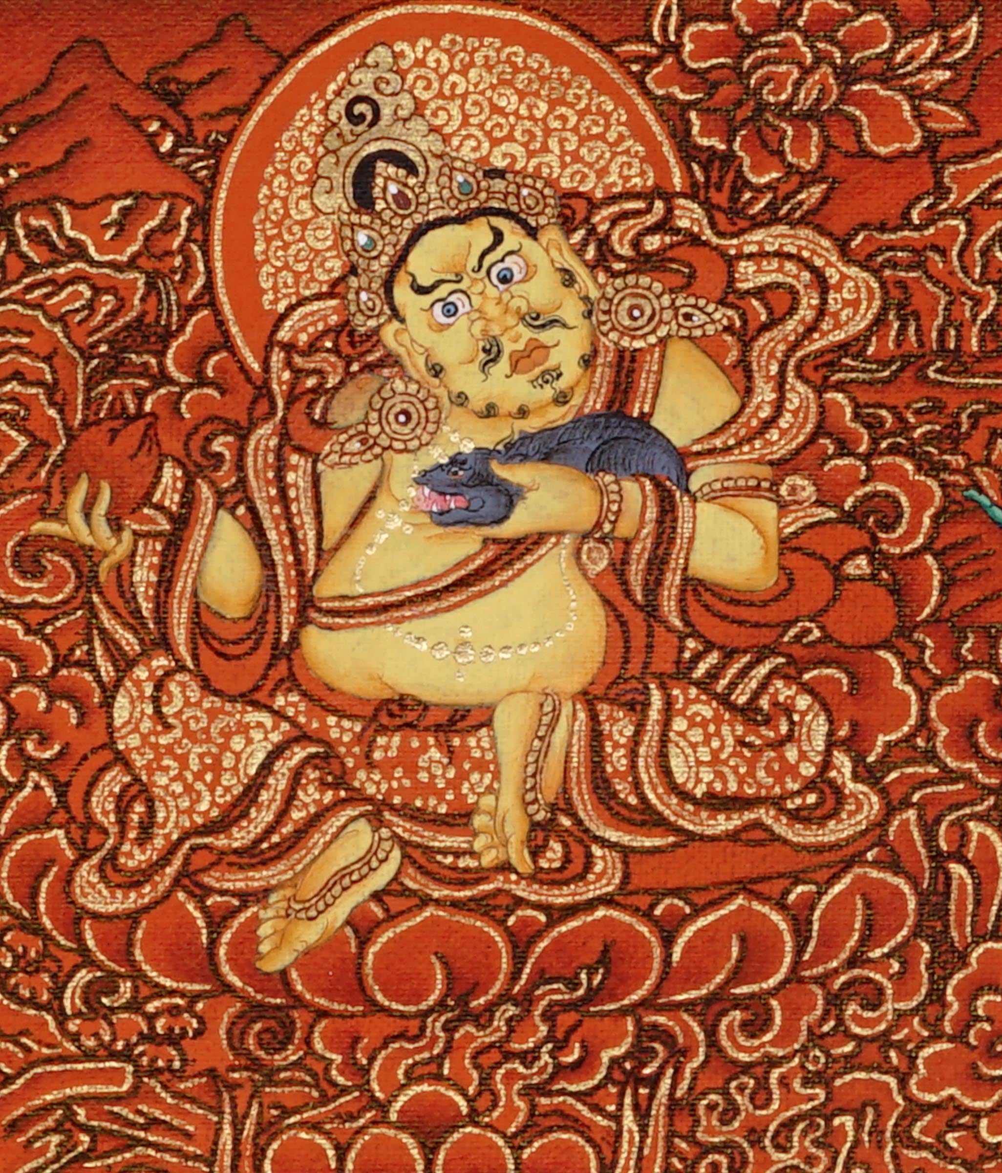 Five Zambala Tibetan Buddhist artwork with red background and detailed wealth deities
