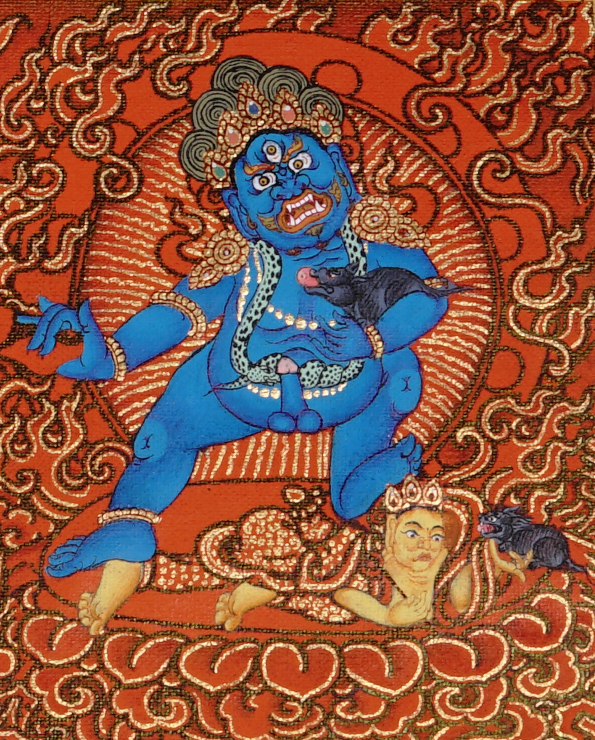 Five Zambala Tibetan Buddhist artwork with red background and detailed wealth deities