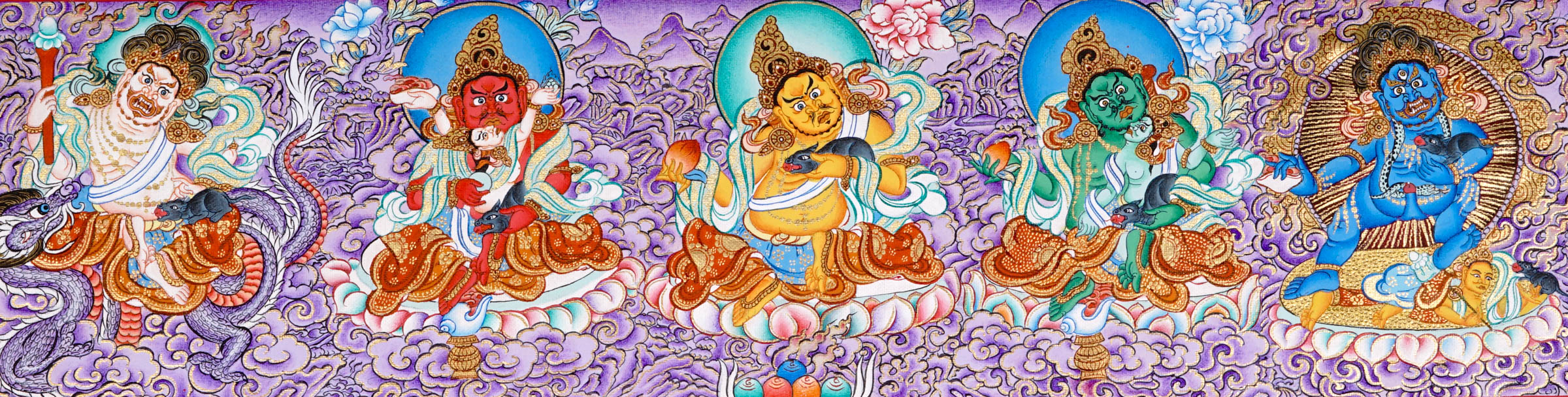 Five Zambhala Tibetan artwork with purple background and detailed wealth deities